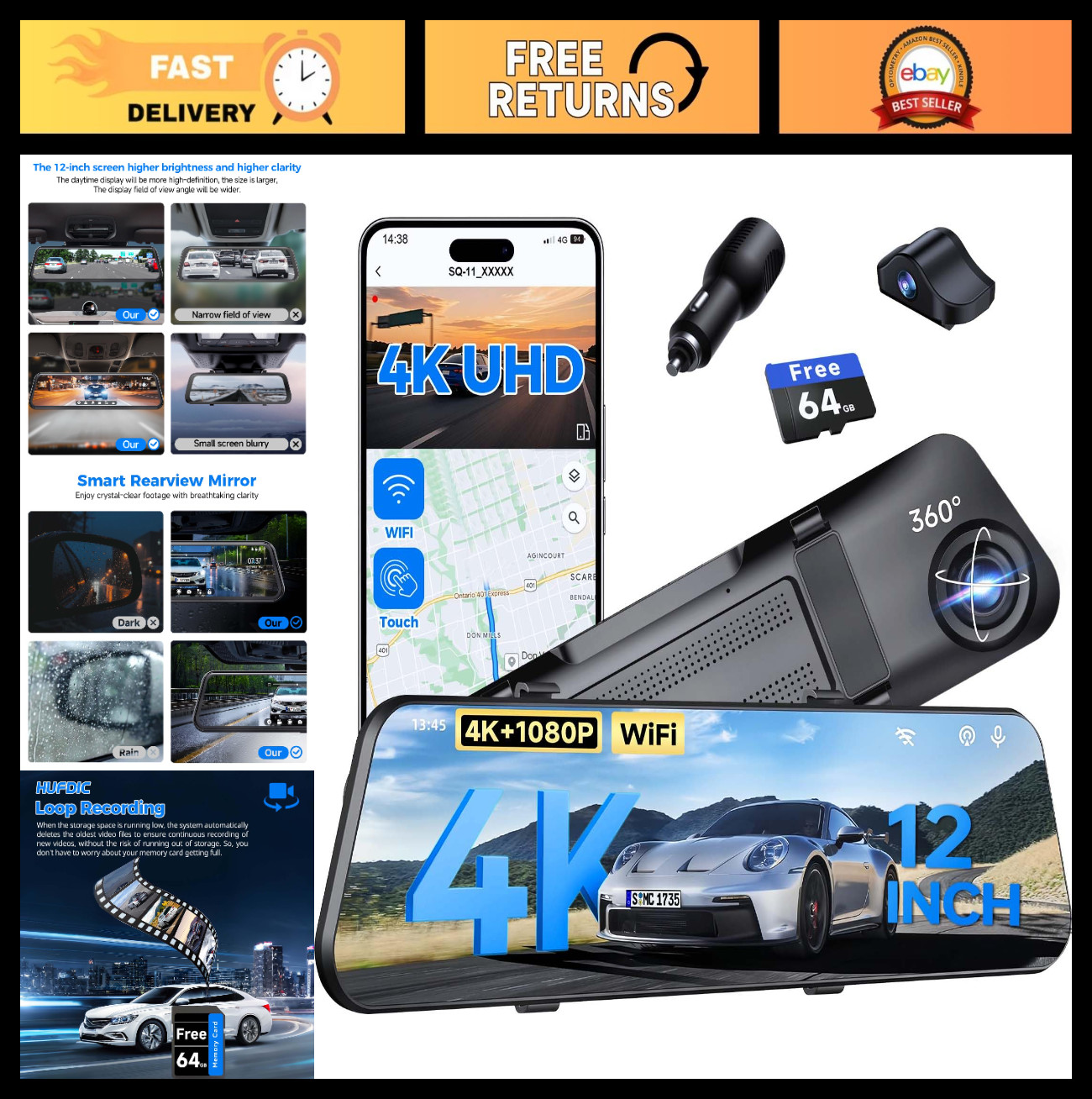 4K Mirror Dash Cam with WiFi, Front & Rear Camera, G-Sensor, 12″ Touch Screen, 6