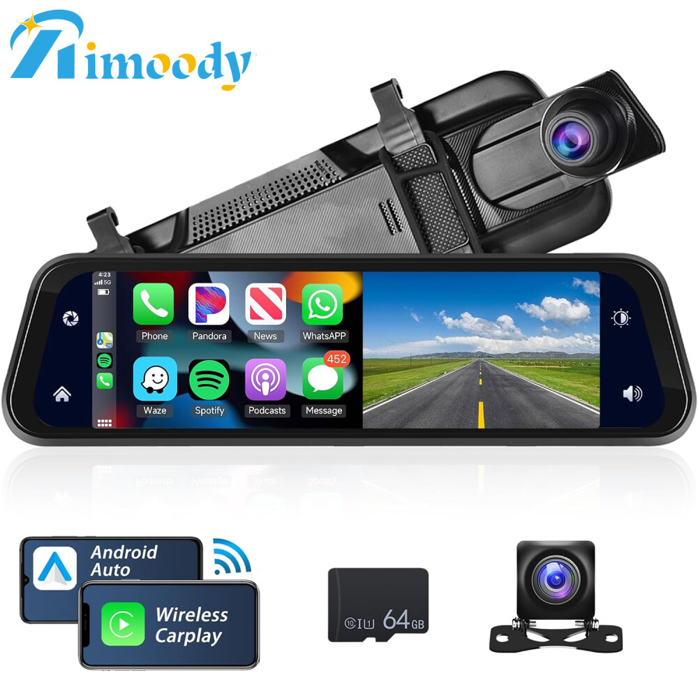 9.66″ HD Car Dual Lens DVR Rear View Mirror Video Dash Cam Carplay Android Auto