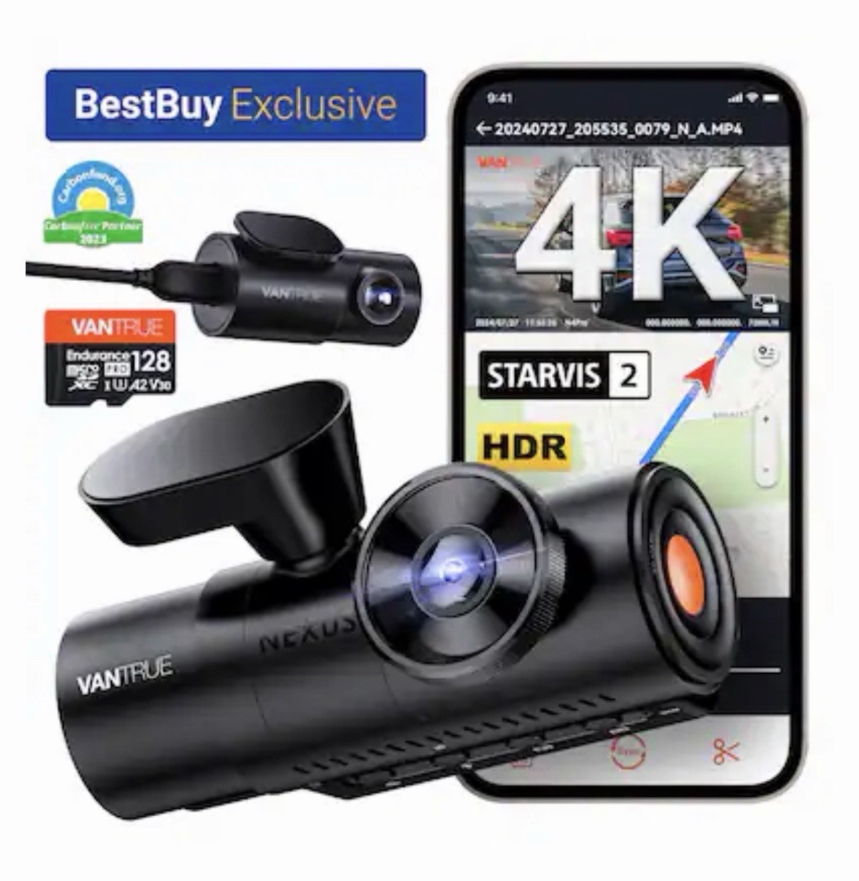 Vantrue – N4 PRO 4K HDR 3-Channel Dash Cam w/ 128GB Micro SD Card, Front-Cabi…