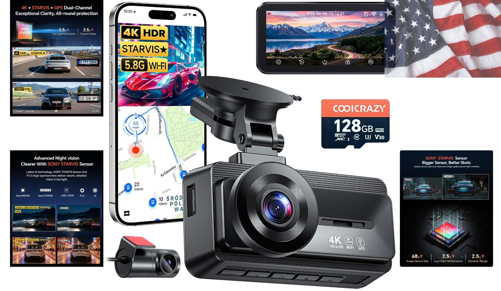 4K Dash Cam Front and Rear, STARVIS Sensor, Free 128GB Card Included, 5GHz Wi…