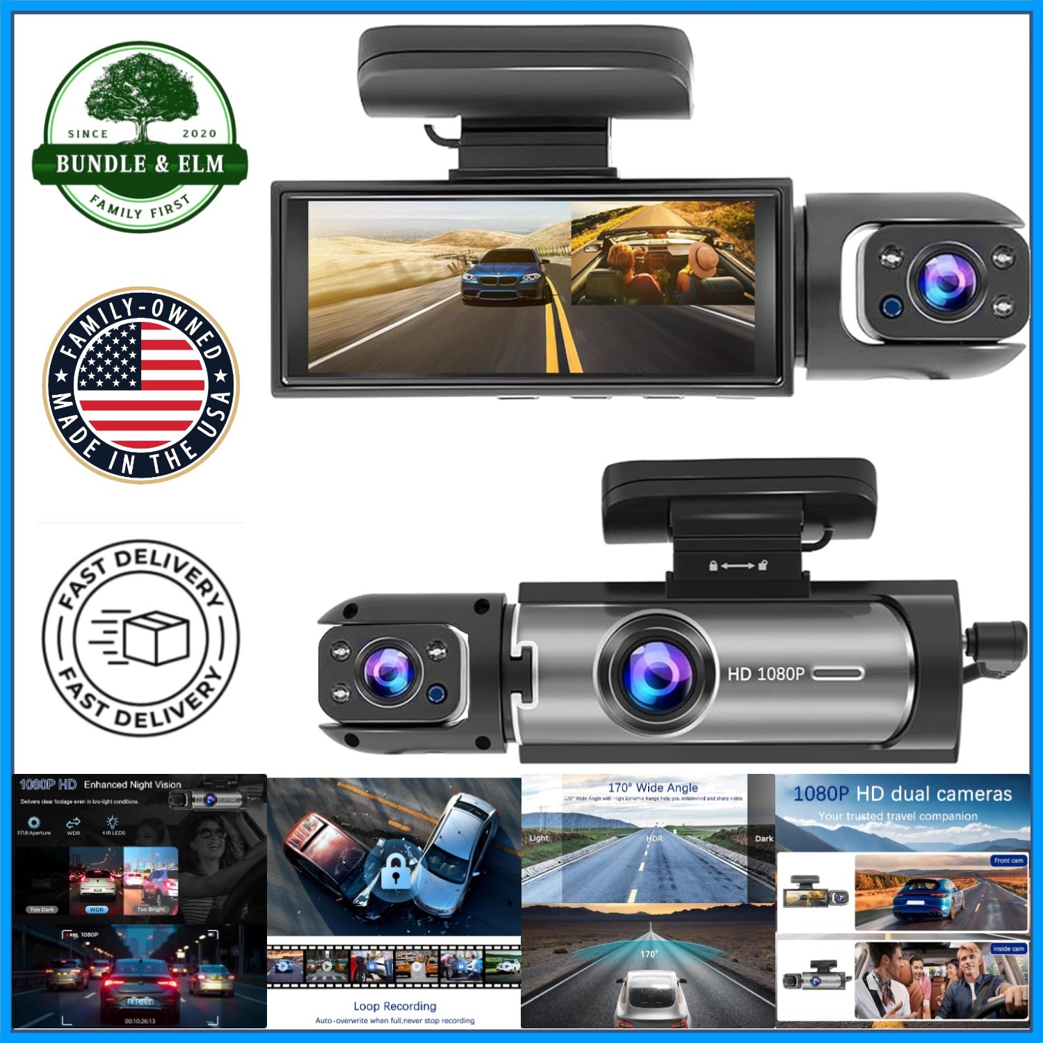 Car Dash Cam with 150° Front Camera, USB Connectivity and Night Vision Features