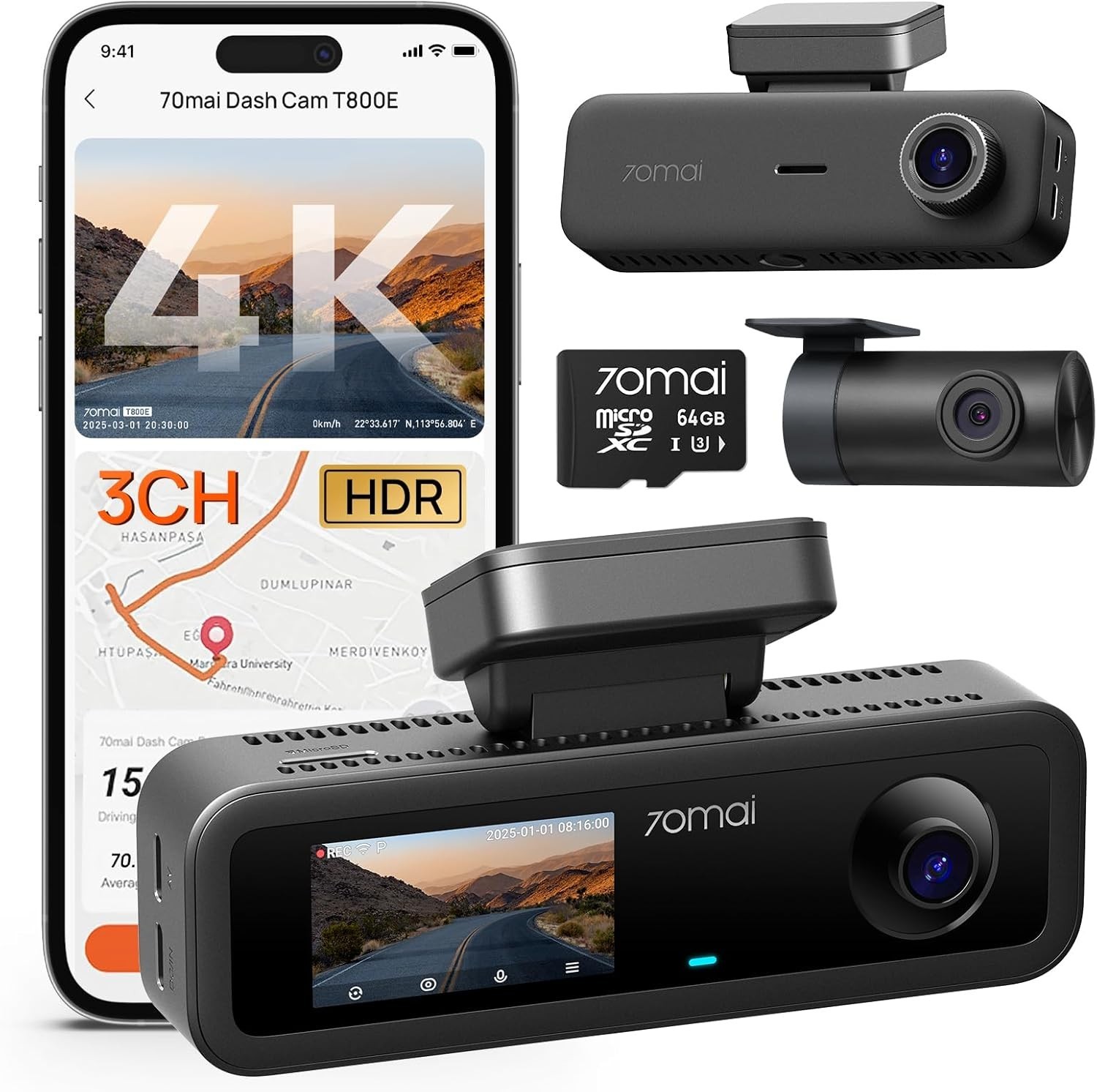 T800E 4K Ultra HD Dash Camera with Wi-Fi 6 & Night Vision, 64GB Card Included
