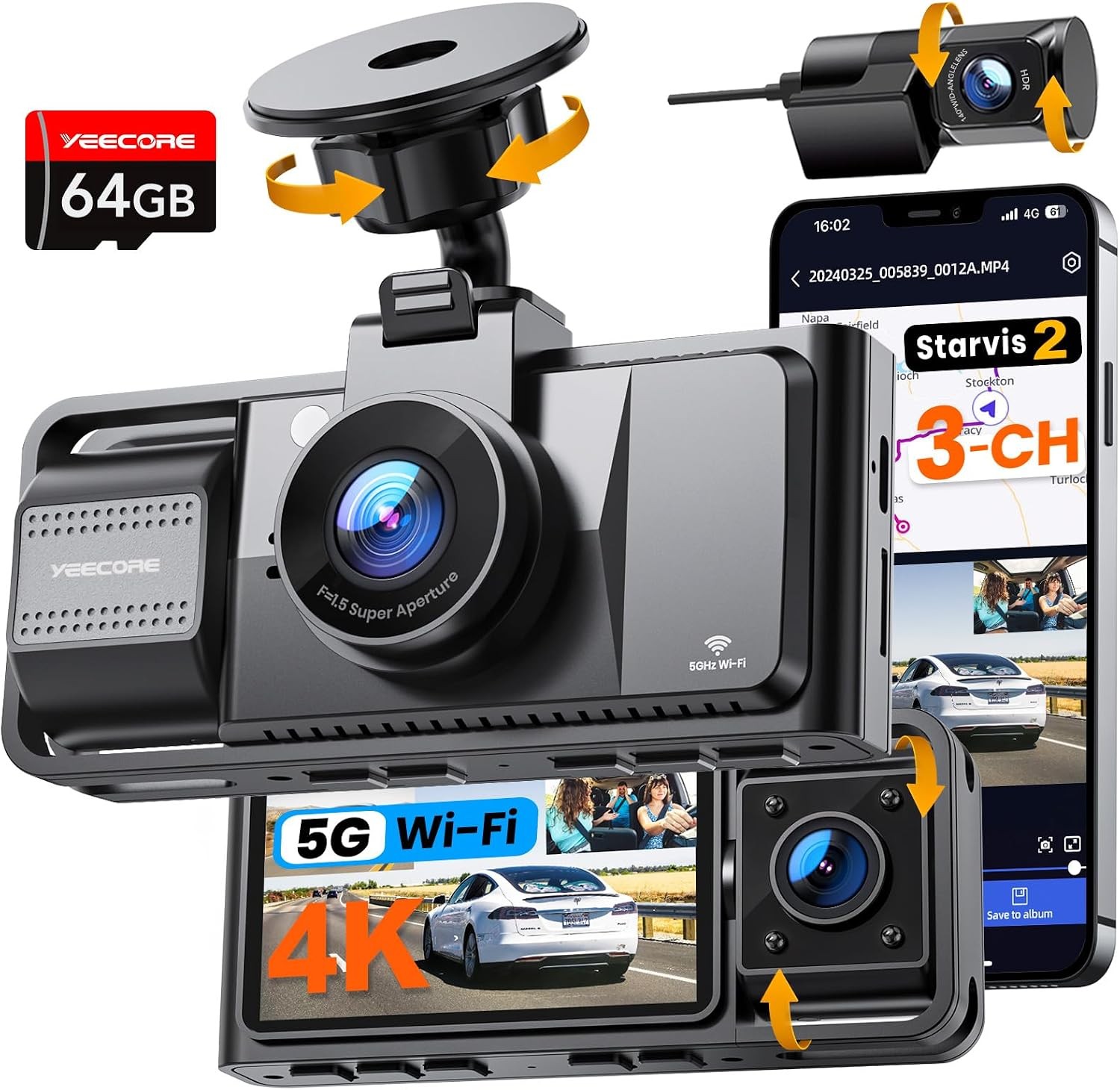 4K 3 Channel Dash Cam Front Rear Inside, STARVIS 2 HDR Sensor