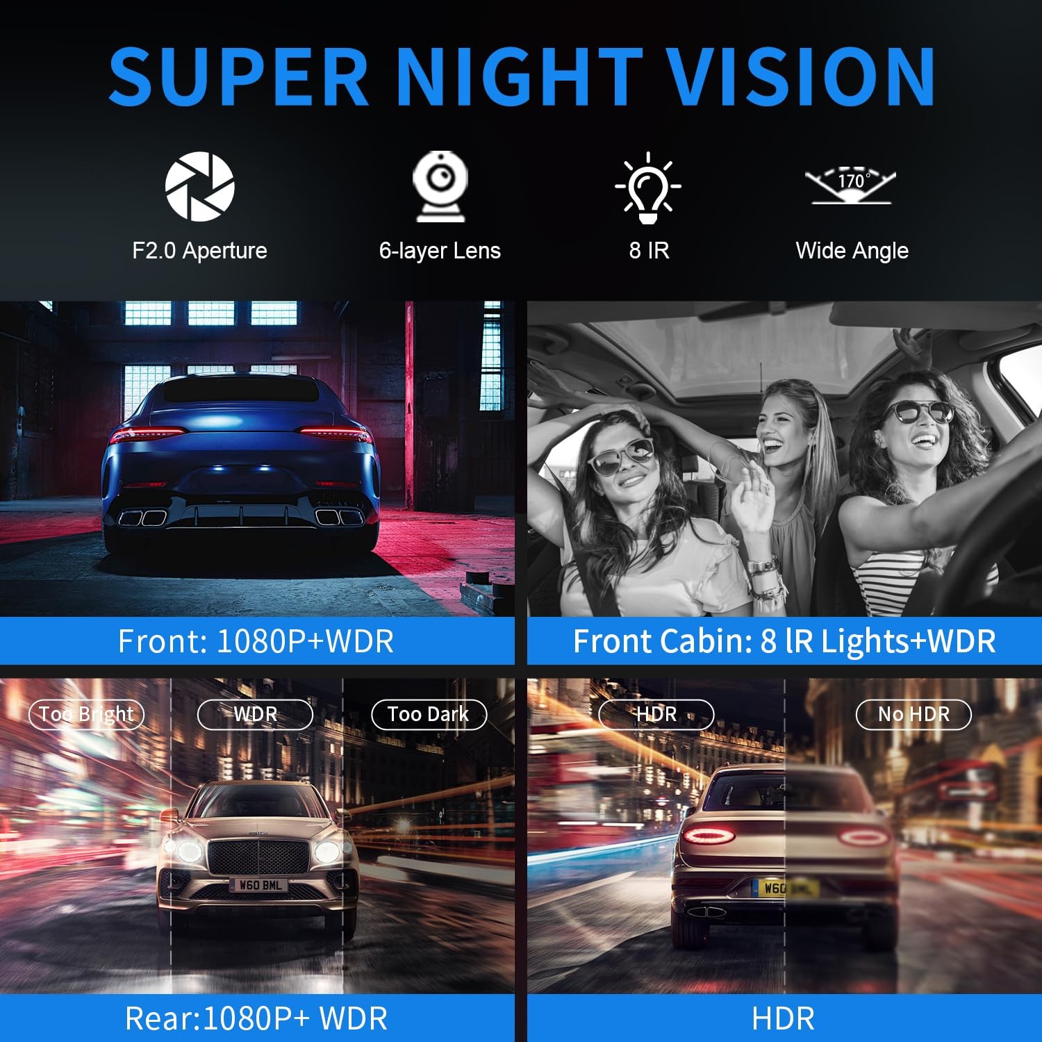 360° View 4 Channel Dash Cam Front and Rear, Dash Camera for Car with 3.16″ I…