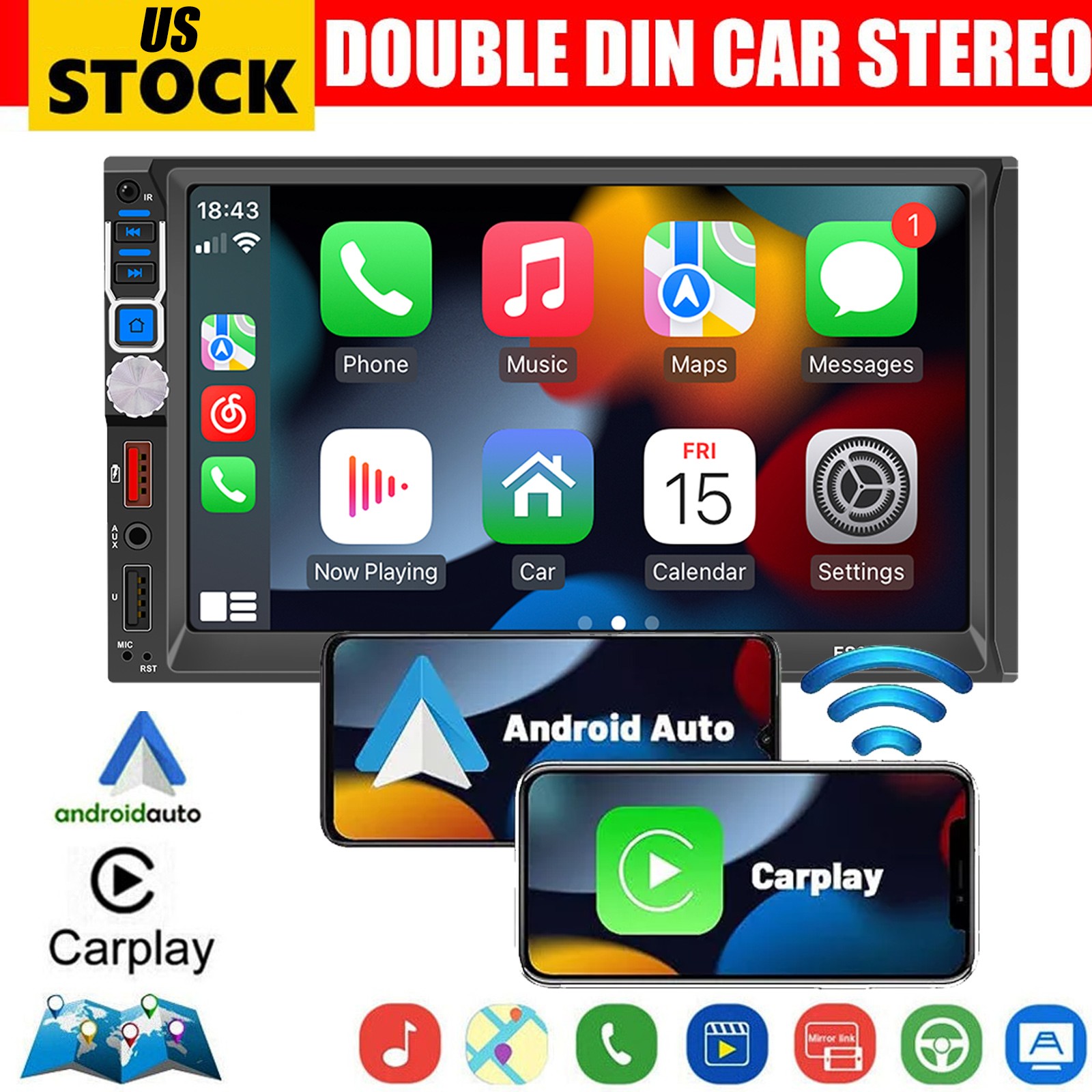 Double Din Apple Carplay Android Auto Car Stereo Radio Bluetooth 7″ Touch Screen