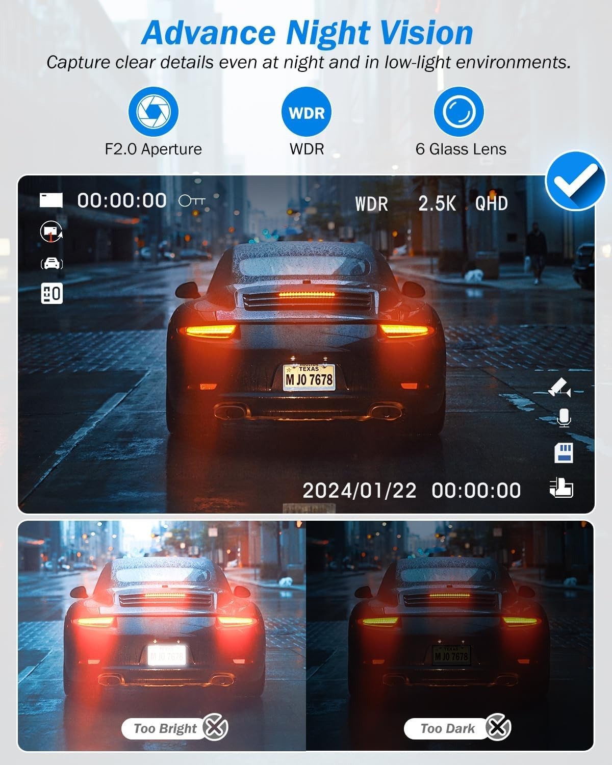 3-Channel Dash Camera – 2.5K Front & Rear View, Night Vision & Parking Mode