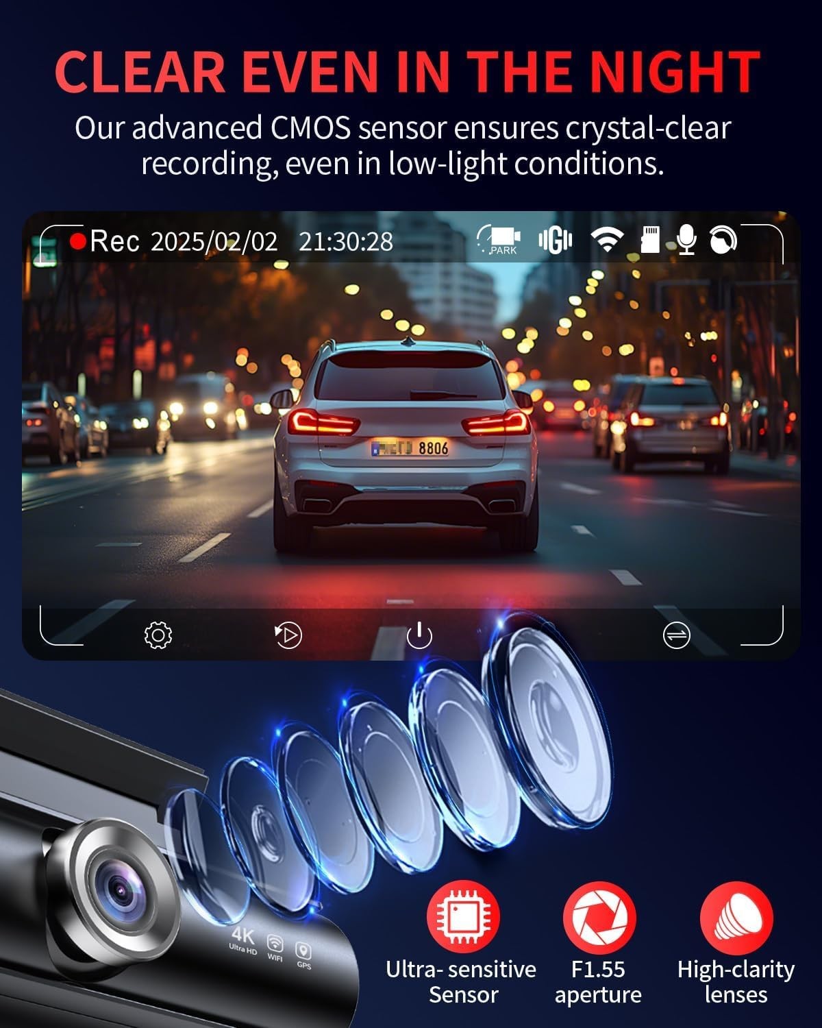 Dash Cam Front and Rear, 4K Full HD Dual Dash Camera for Cars, Built-in Memor…