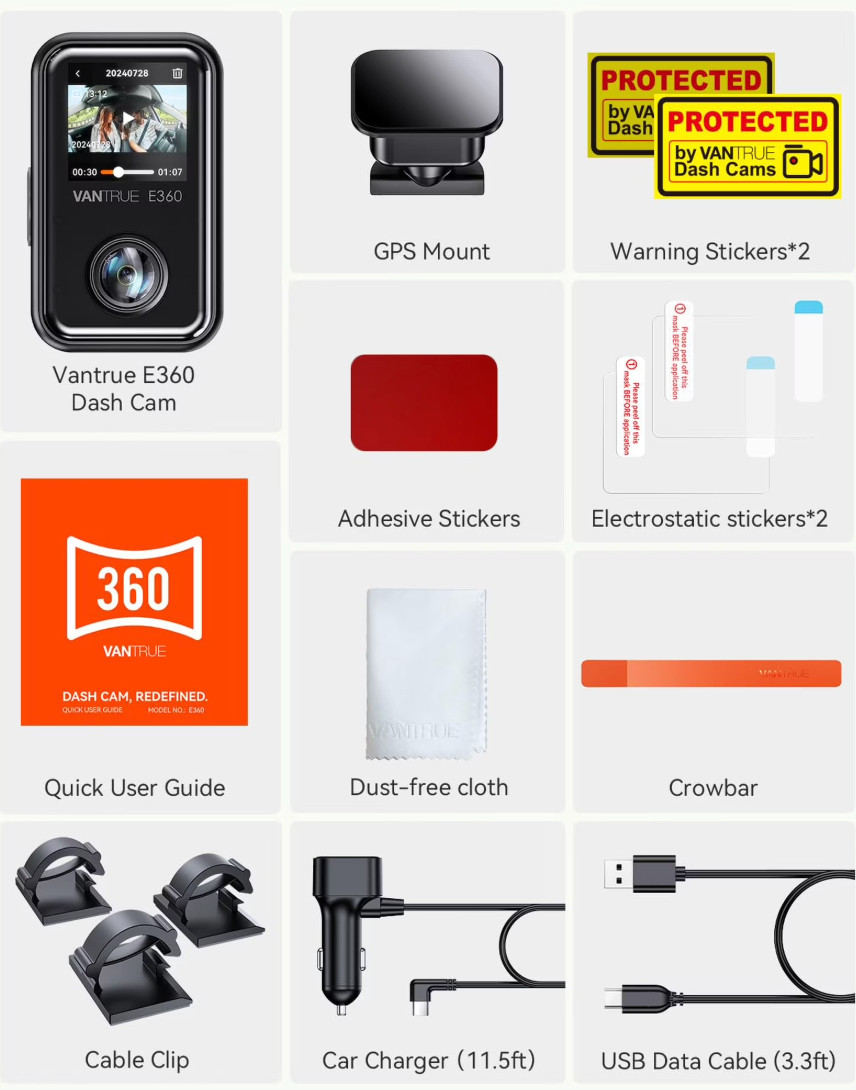 Vantrue E360 5.2K 360° Panoramic Dash Cam, 5GHz WiFi GPS HDR IR Night Vision