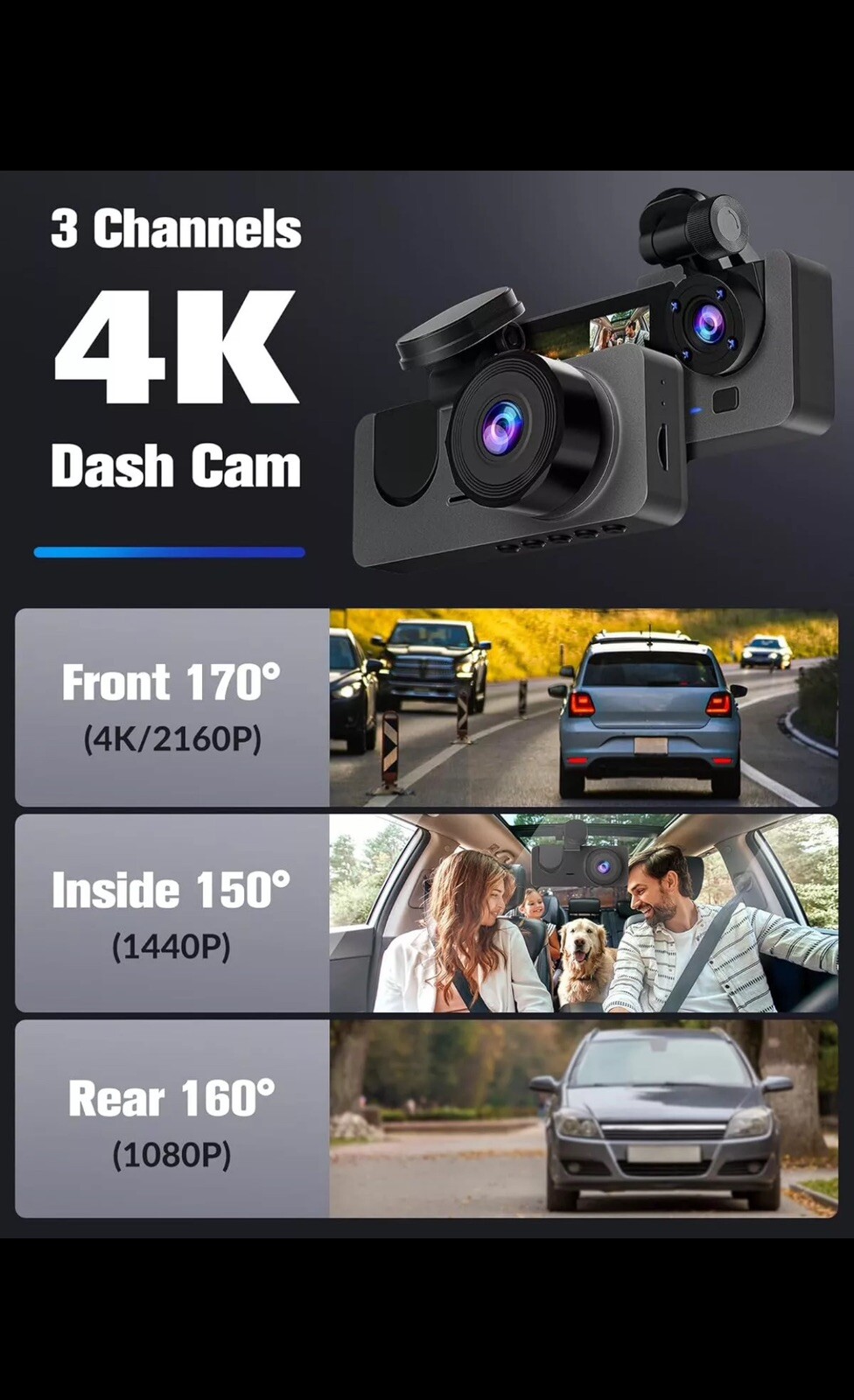 Brand New 4K Dash Cam 3 ways (Front, Inside And Rear) with 32 Gb Memory SD Card