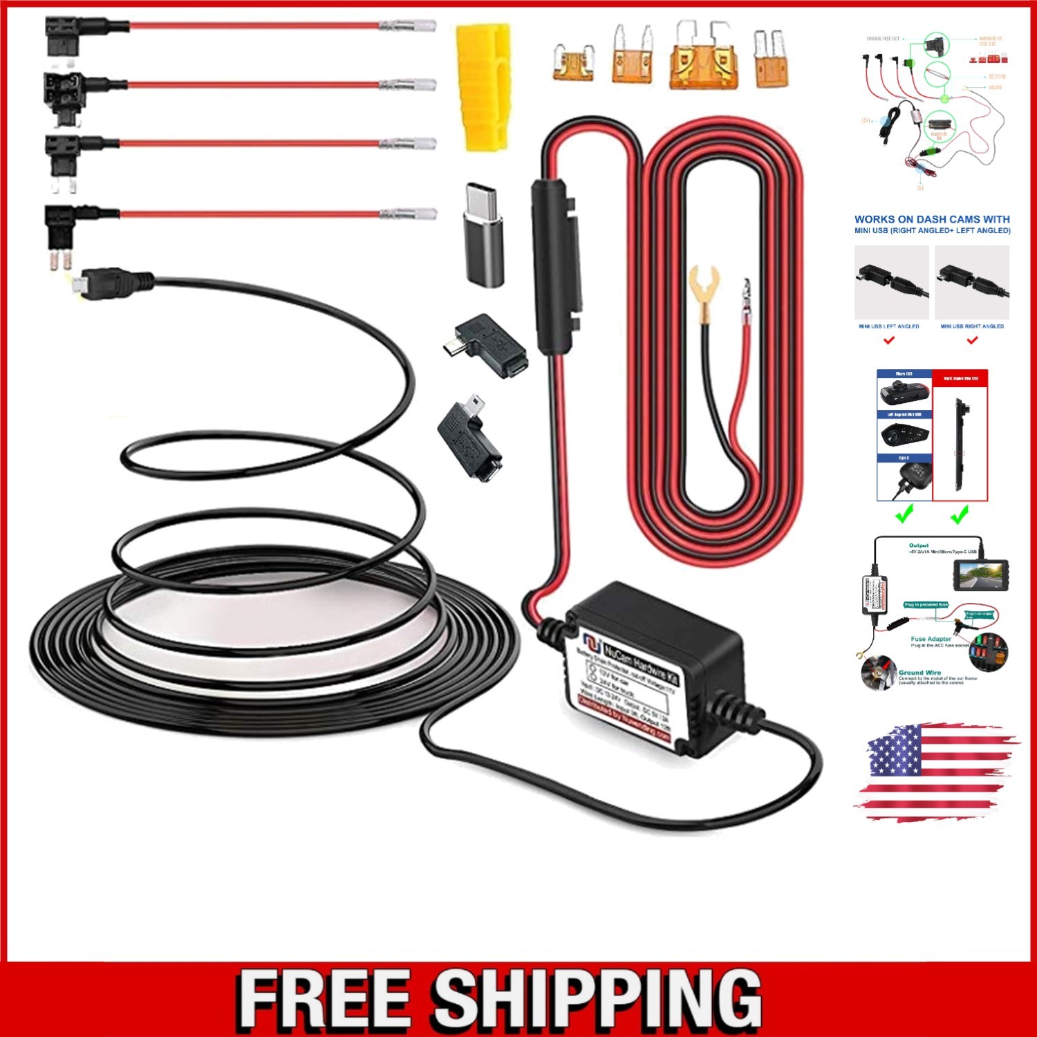 15ft Dash Cam Hardwire Kit with 11.9V Cut-Off & 4 Fuse Types for All Vehicles