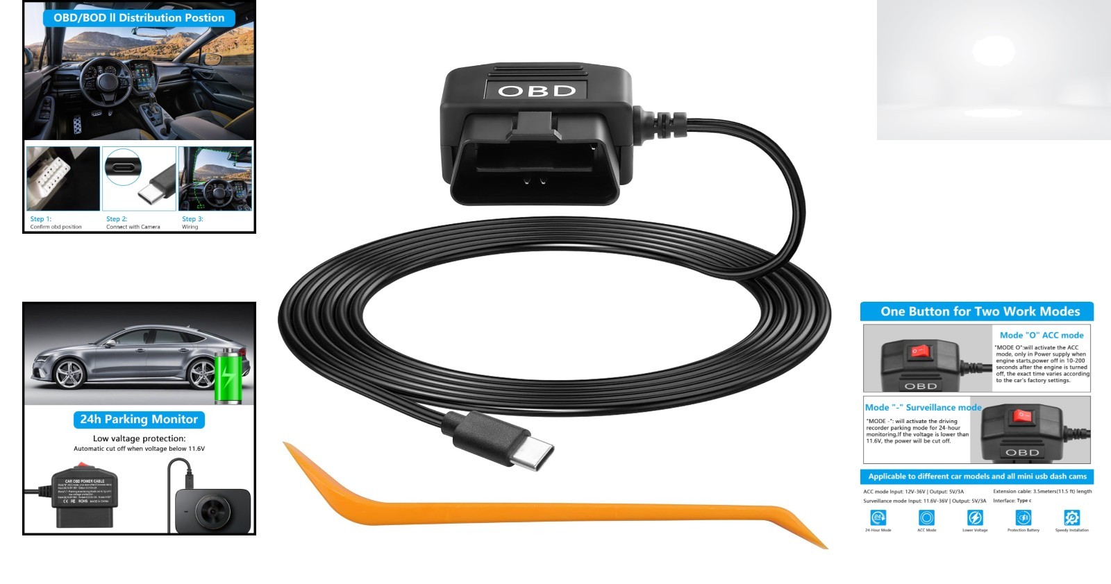 OBD to USB Type C Hardwire Charger Cable 24 Hour Surveillance Low Voltage 3.5M
