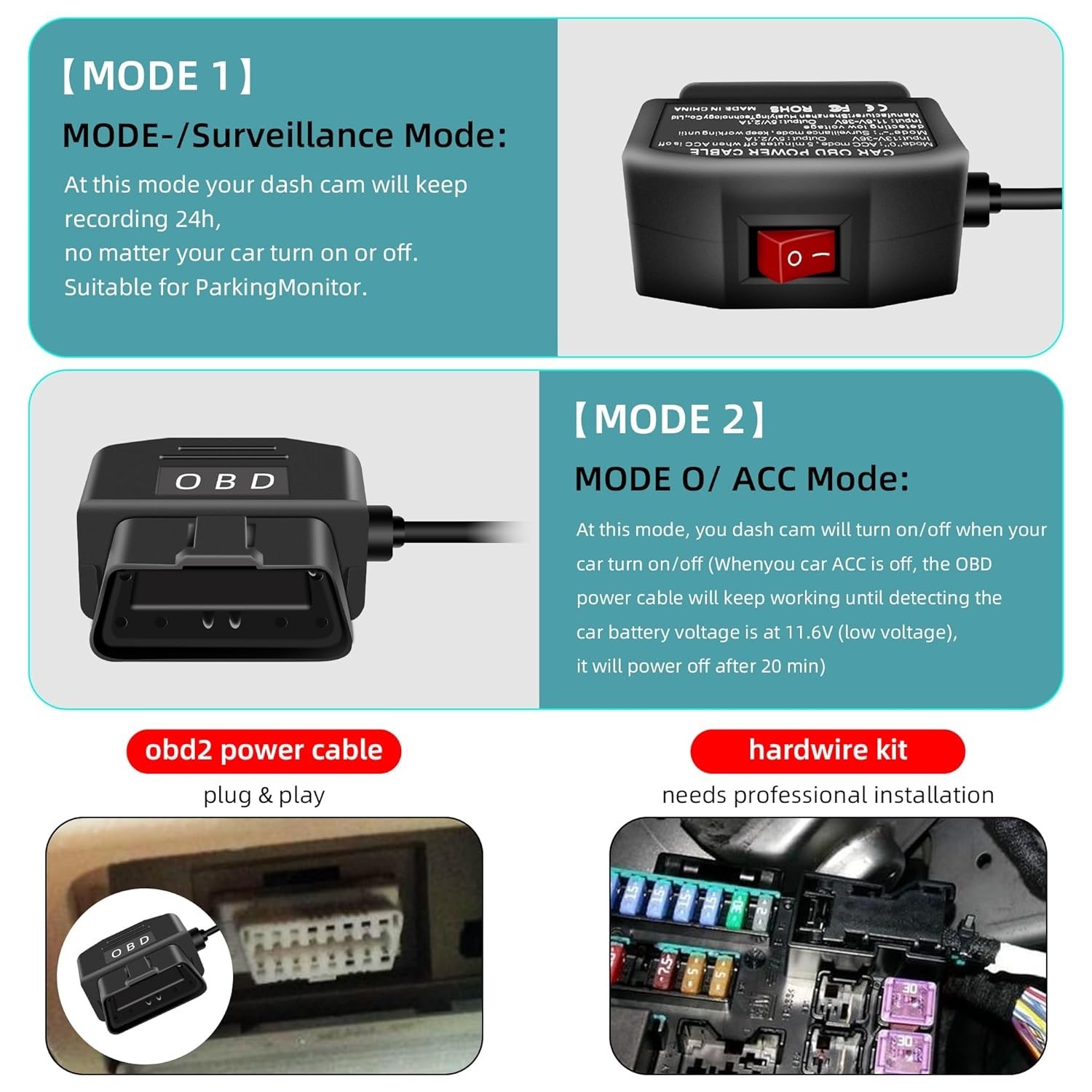Smart Dash Camera OBD Power Cable – Low Voltage Protection & Compact Design