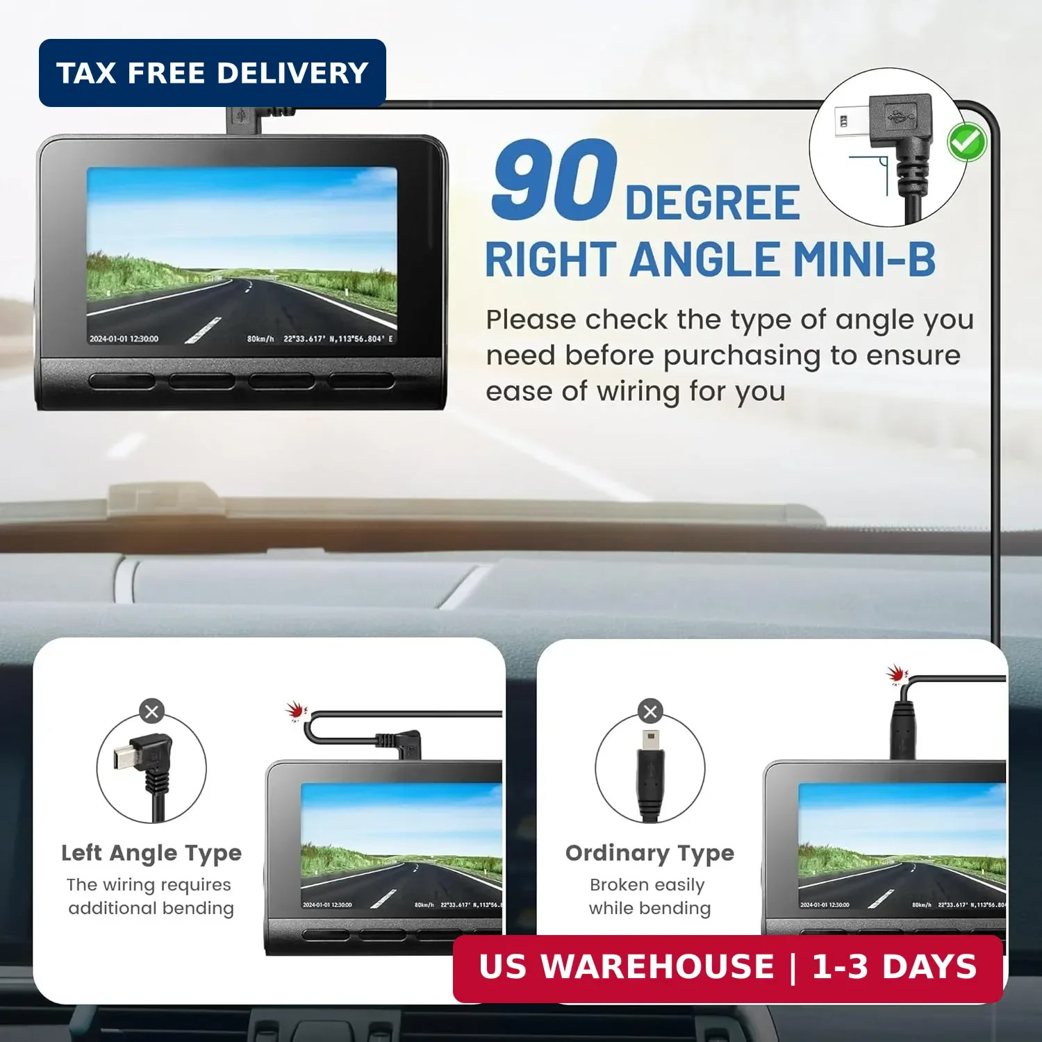 EWAY Mini USB Dash Cam Power Cable 13ft, for Rexing V1 Pro V5 V3 Byakov S6 Rove
