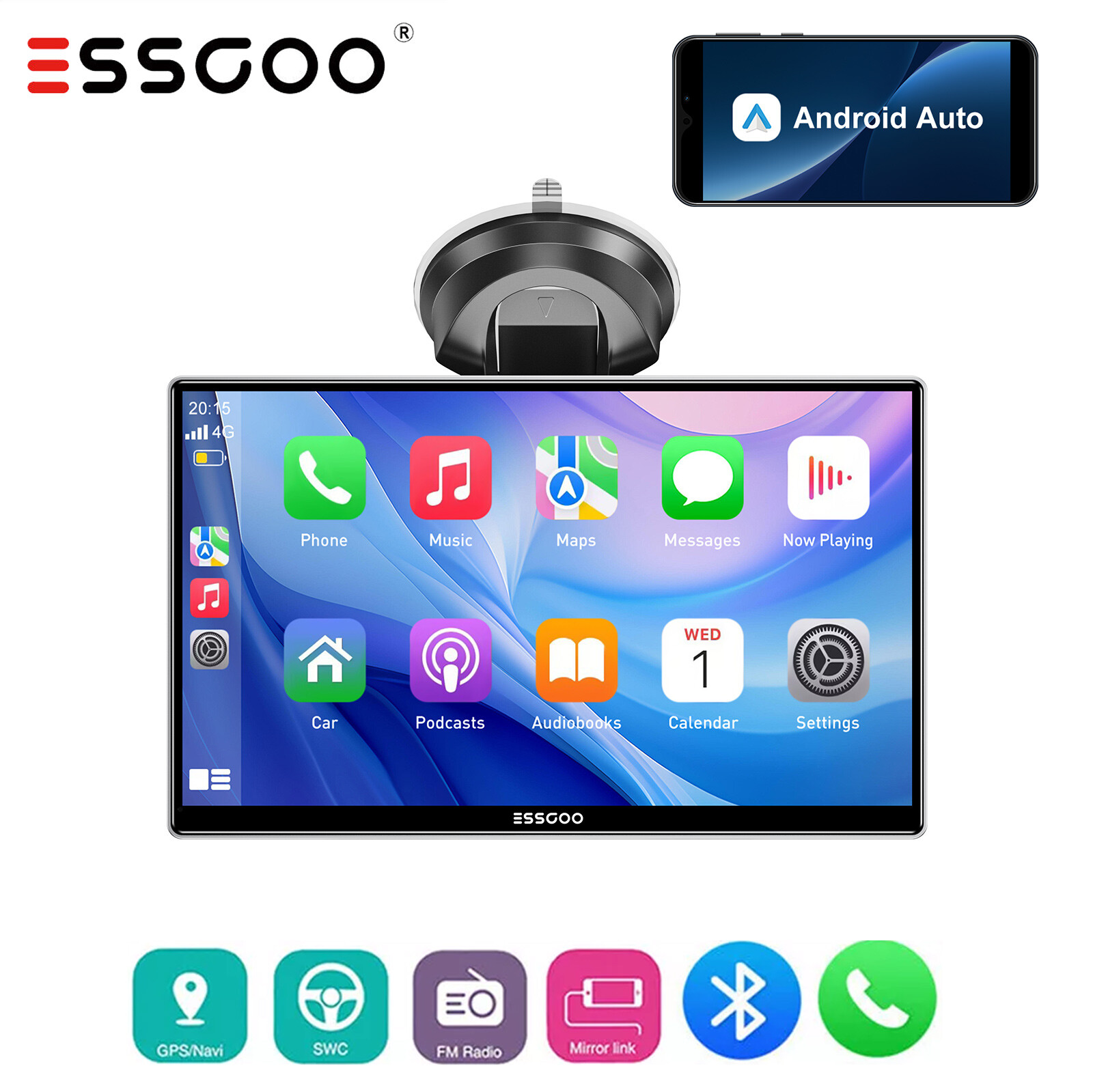 ESSGOO Portable 4K Car Stereo Apple CarPlay Android Auto Touch Screen FM Radio