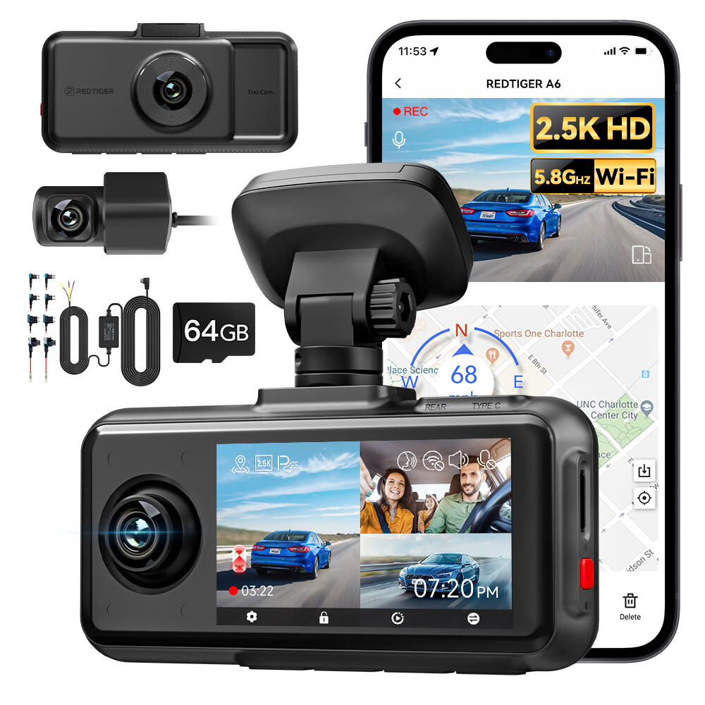 REDTIGER 2.5K 3 Channel Dash Cam 5.8GHz WiFi, 3″ Touch Screen with Hardware kit