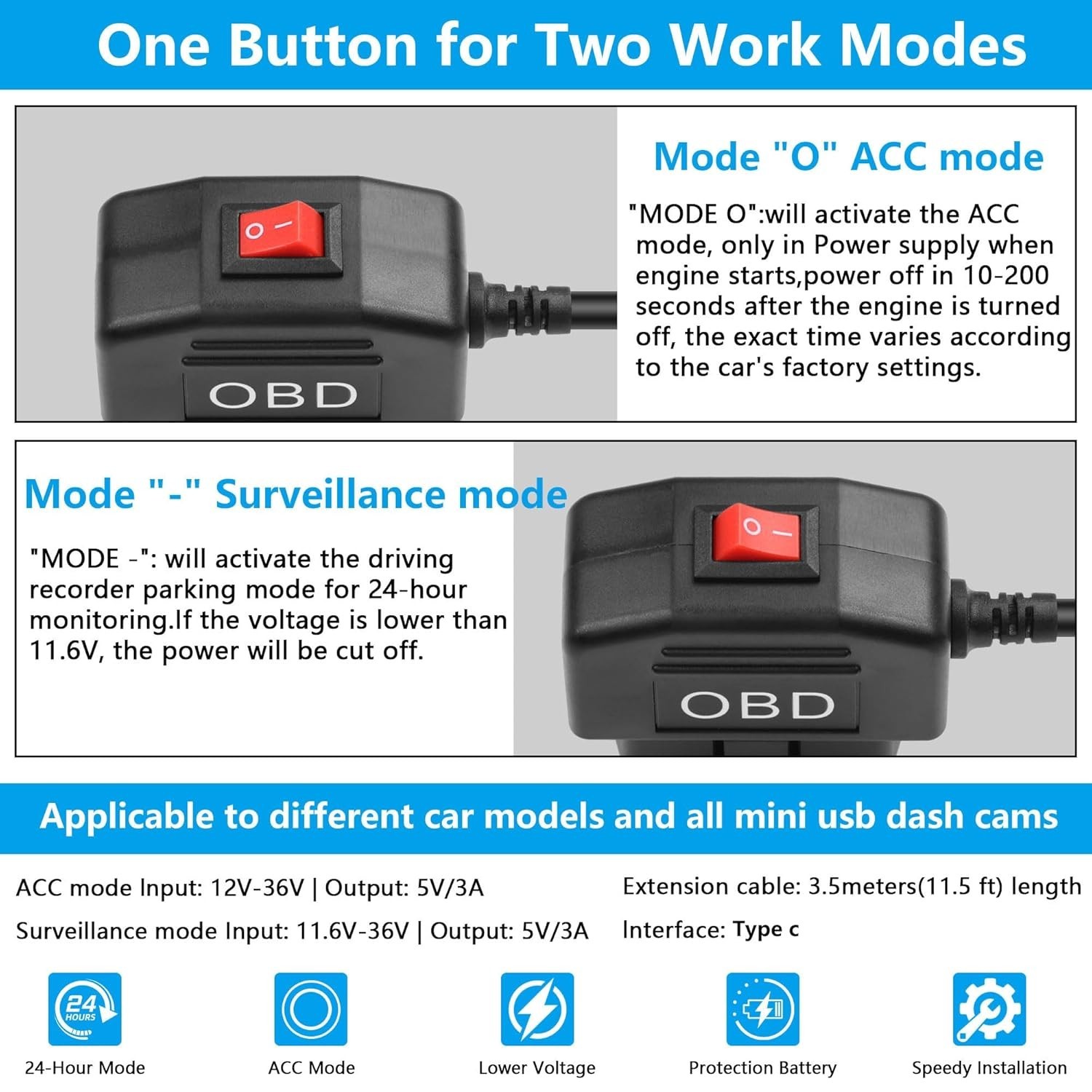 Durable OBD Power Cable for Dash Cameras – 11.5FT Type C Hardwire Charger Cable