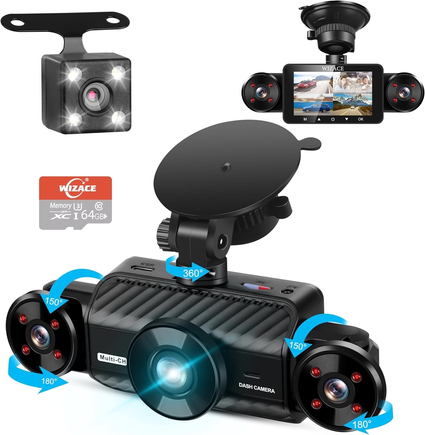 4 Channel Dash Cam 360° View 5G WiFi & APP Control, WIZACE 2K Front and Rear Ins