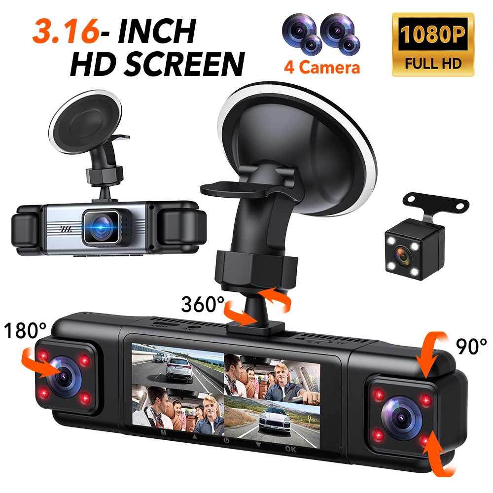 4 Channel Dash Cam 360° 1080P Front Rear Car Camera Night Vision Parking Monitor