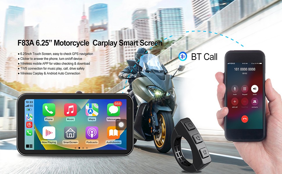 6.25” Motorcycle GPS Navigator Wireless CarPlay Android Waterproof Bluetoo