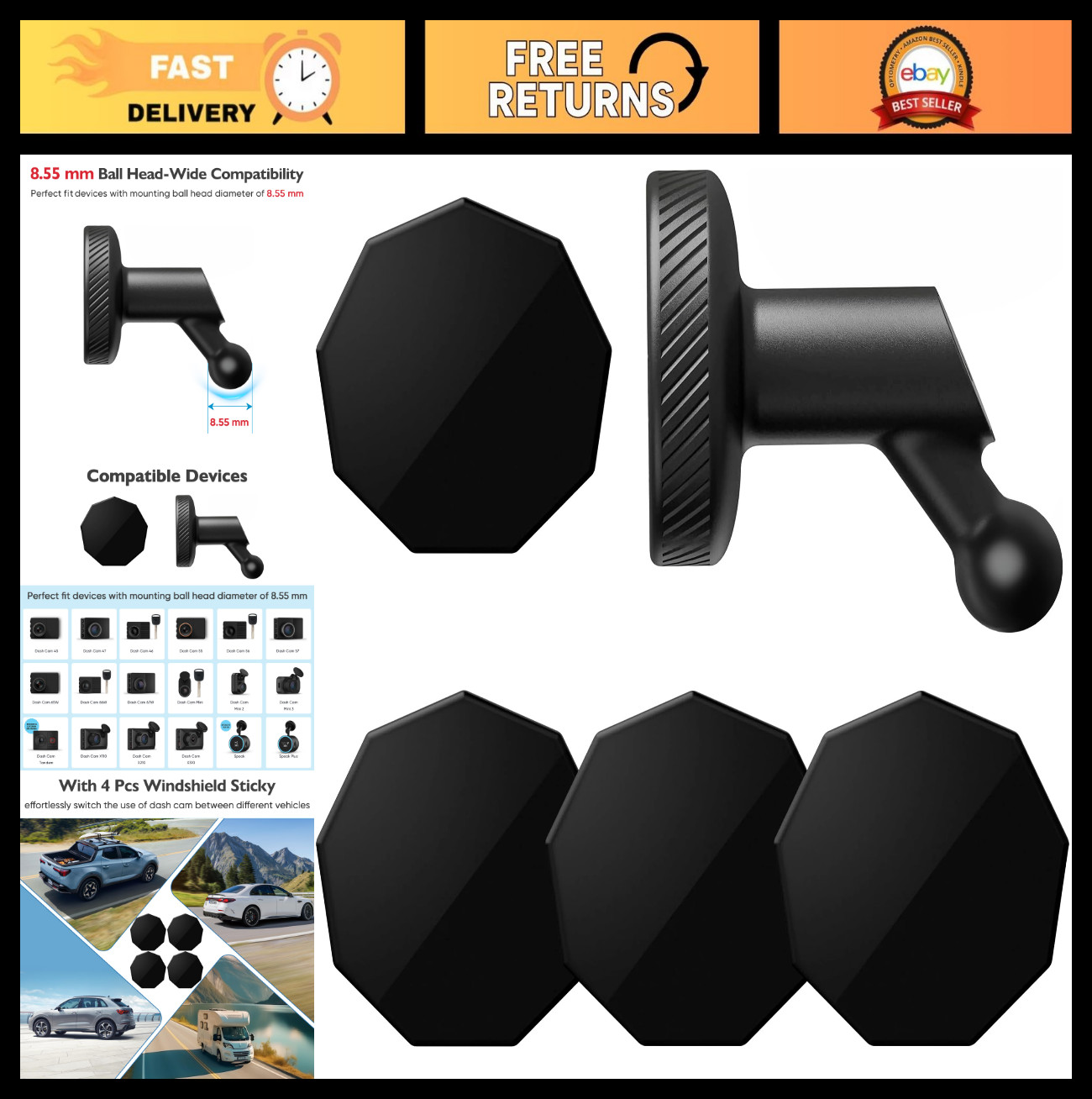 Magnetic Mount for Dash Cam – 4 Magnetic Pieces, Compatible with Mini & 65W/66W/