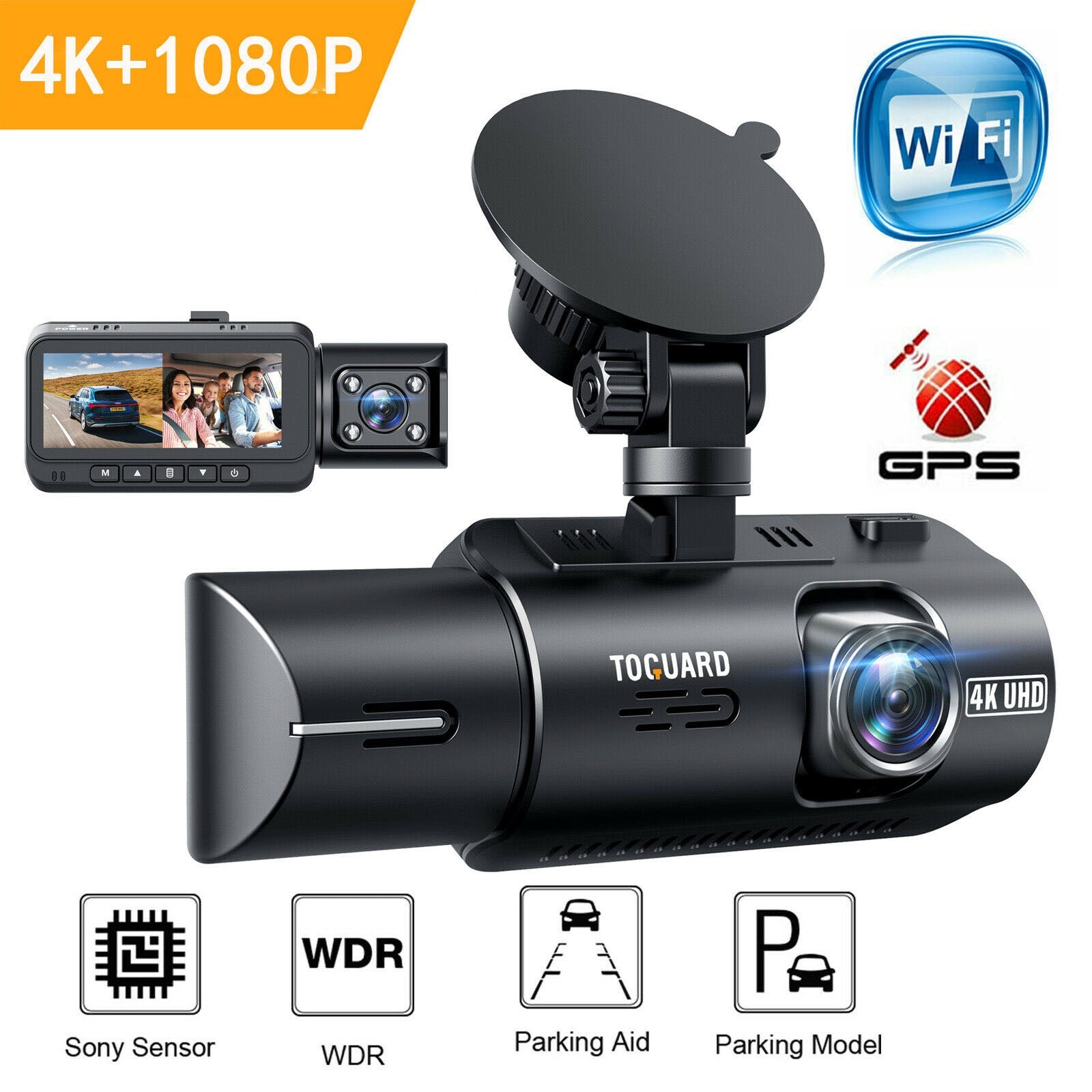 TOGUARD WiFi Dual Dash Cam 4K+1080P GPS Car Driving Recorder Camera Night Vision