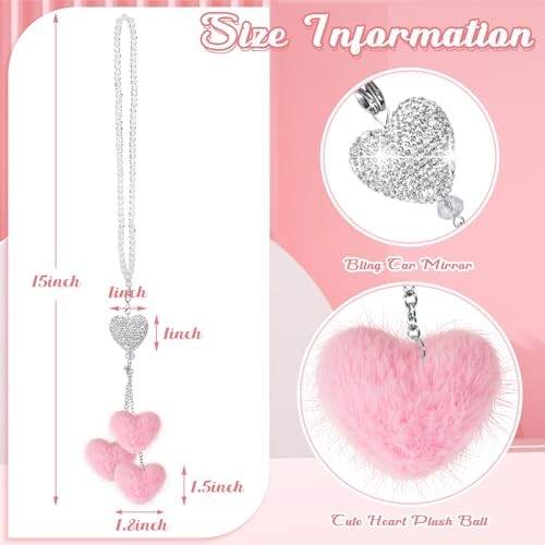 Pink Crystal Bling Car Mirror Hanging Accessories Heart Shaped Light Pink