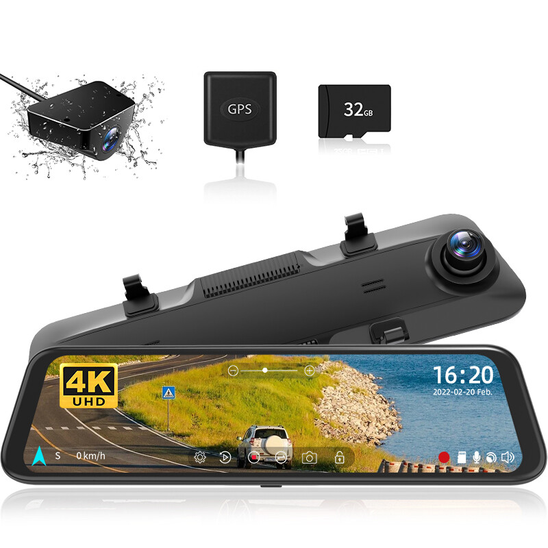 WOLFBOX 4K Mirror Dash Cam12” Dual Dash Cameras Parking Monitoring 32GB SD