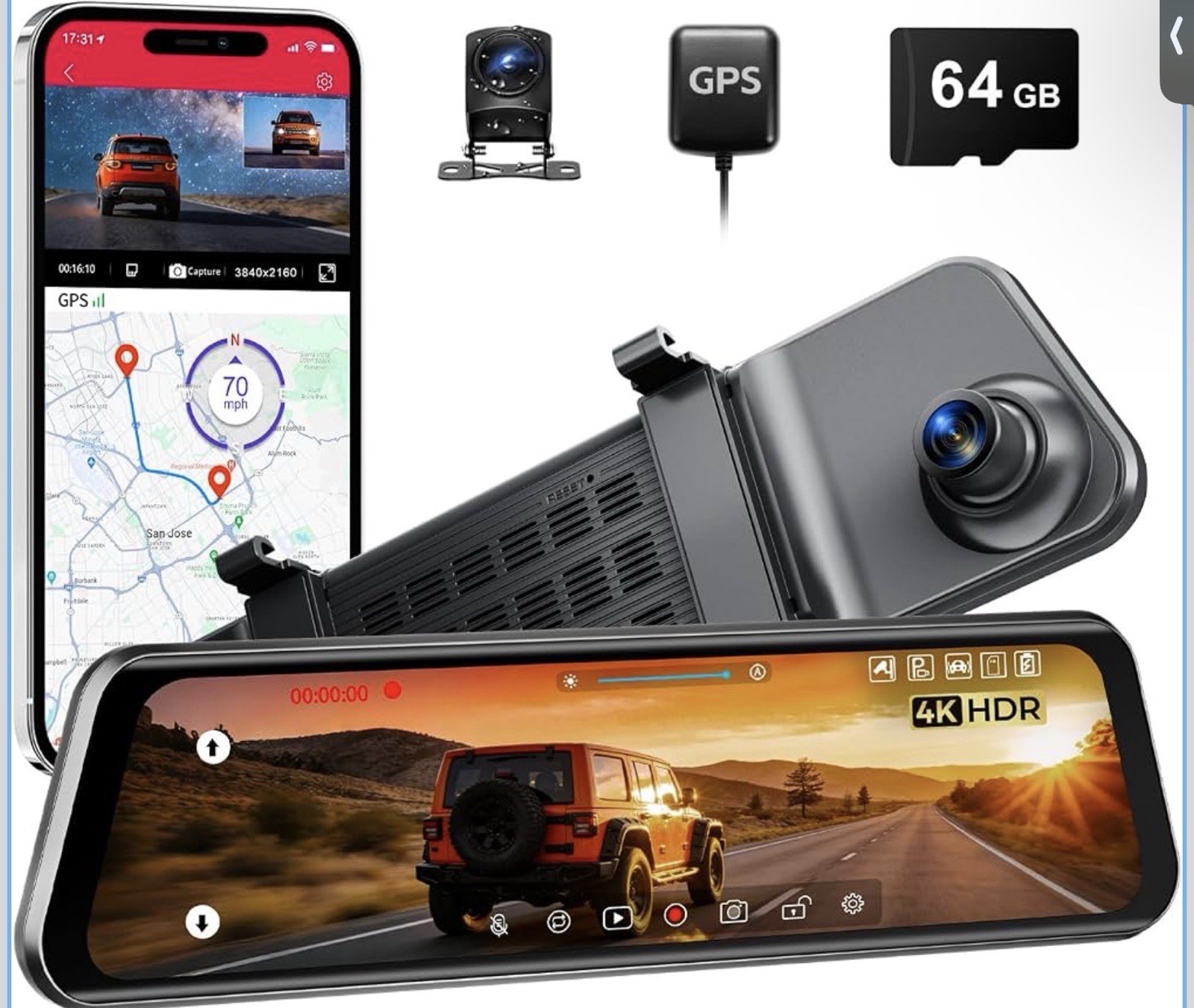 12″ Mirror Dash Cam, 4K UHD Front and 2.5K Rear View Dash Camera for Car