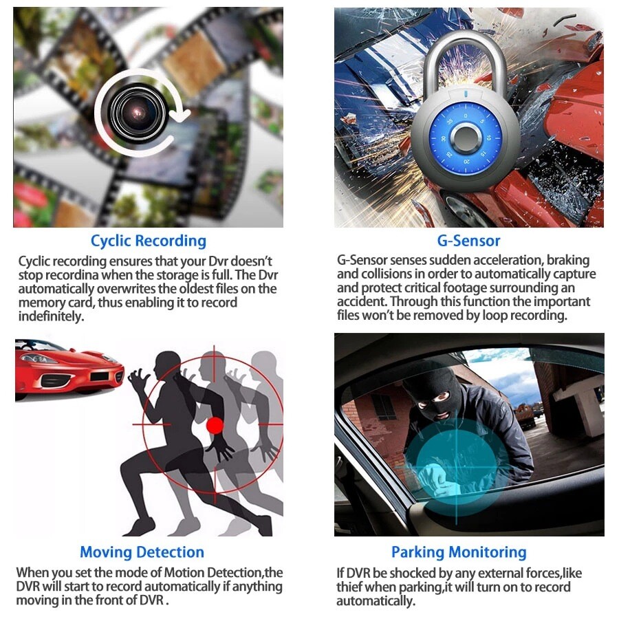 4‘’ touch Screen Dash Cam 1080P 3 Lens Car DVR Recorder Front Inside Rear Camera