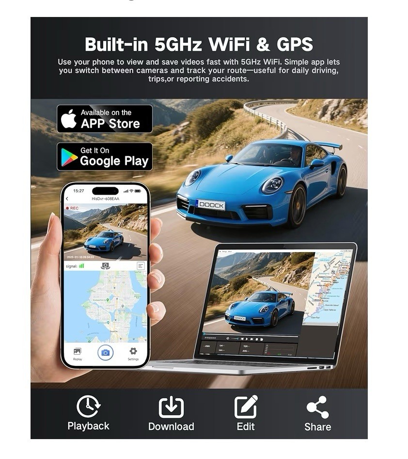 DOOCK Dash Cam Front and Rear Inside with 64GB Card, 3 Channel Dash Camera.A2