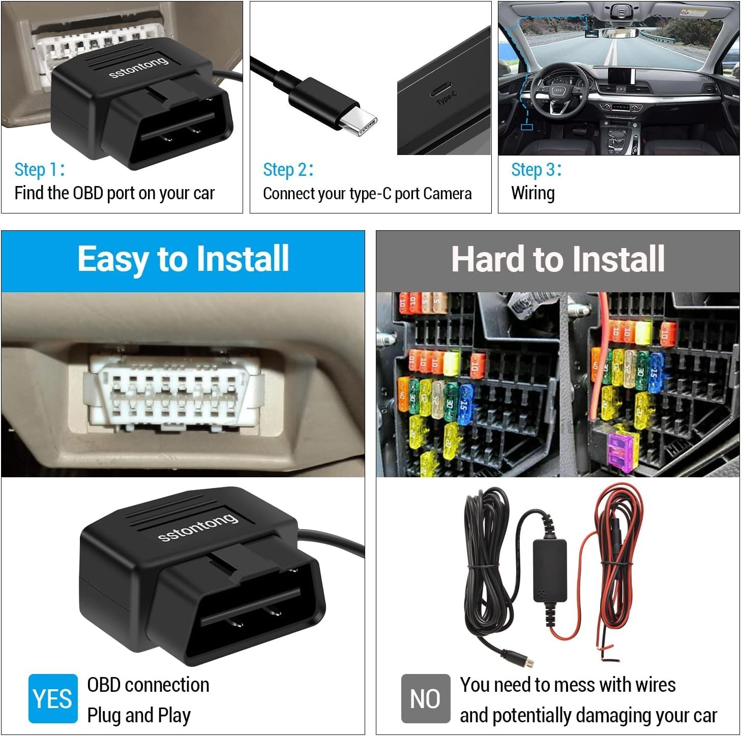 Type-C OBD Hardwire Charger for Dash Cameras with Switch Button Functionality