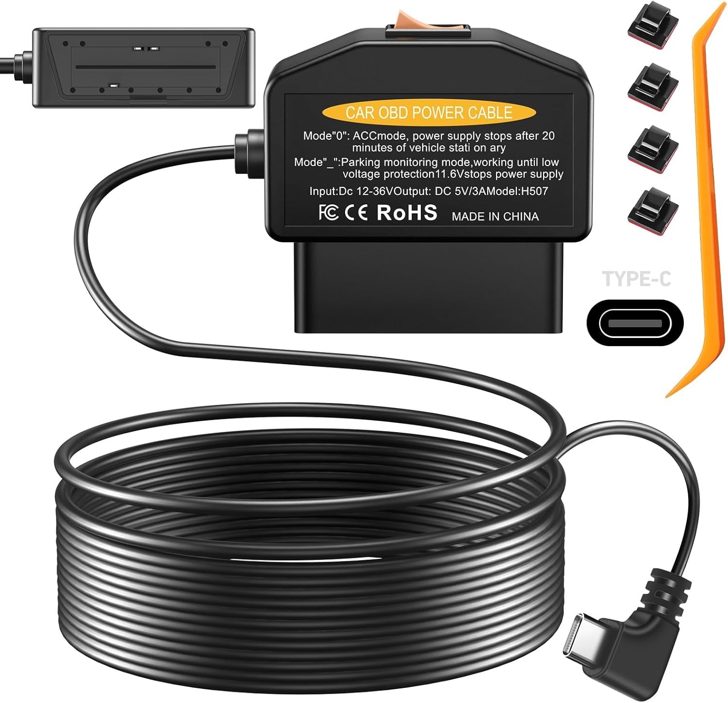 Dash Camera OBD Power Supply Cable with 24-Hour Surveillance and Protection
