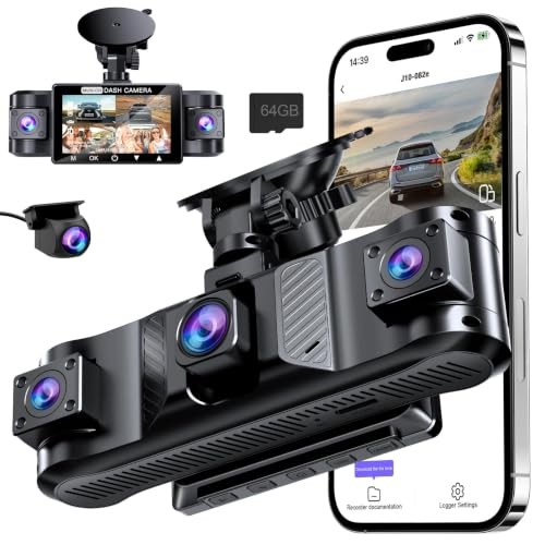 4 Channel 360° Dash Cam Front and Rear Inside with 5GHz WiFi 64GB Flat Black