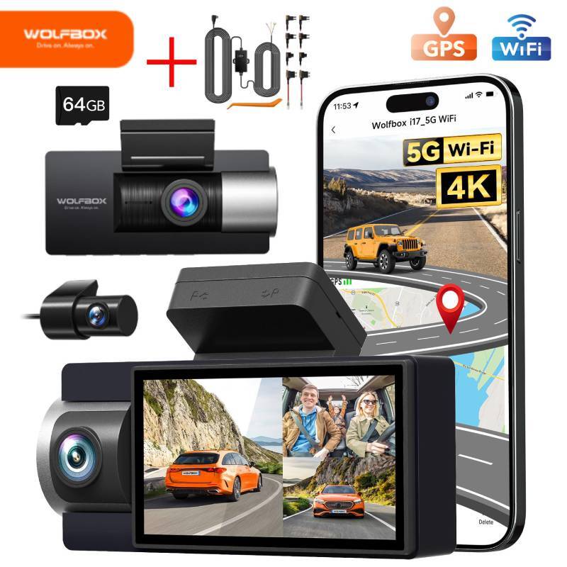 WOLFBOX i17 3 Channel 4K Dash Cam Built-in 5G WiFi GPS & Acc Multi Hardwire kit