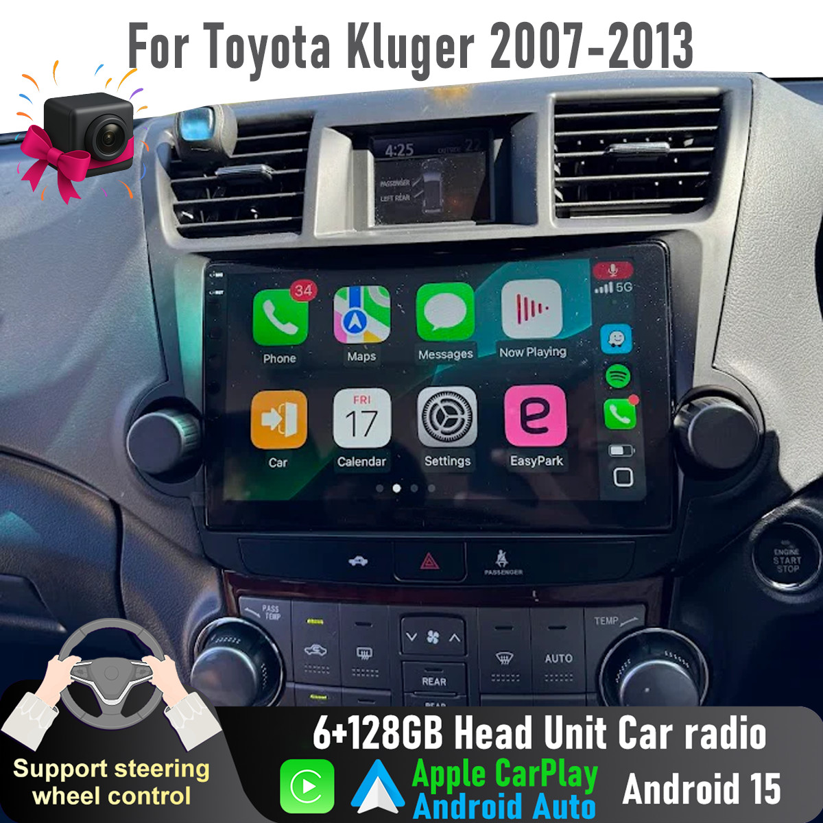 10” Apple CarPlay 6+128GB Auto Head Unit Car radio For Toyota Kluger 2007-2013