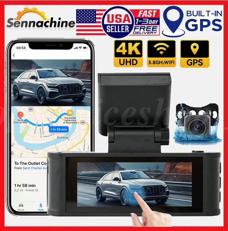 4K 1080P Dash Cam Front and Rear,Touch Screen, Loop Recording Video Recorder GPS