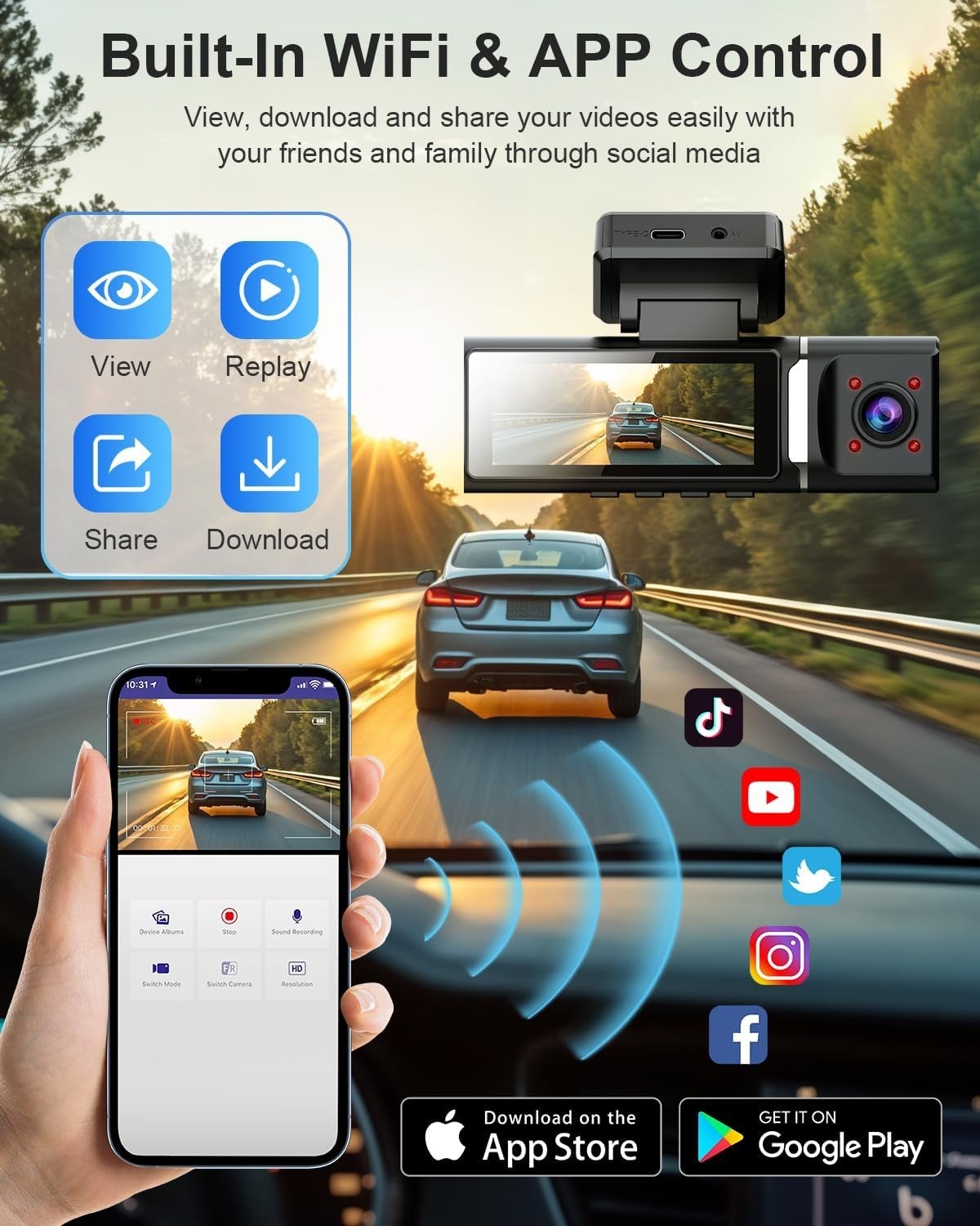feifeaouy 3 Channel 4K Dash Cam Front and Rear and Inside – WiFi 3.2” IPS Das…