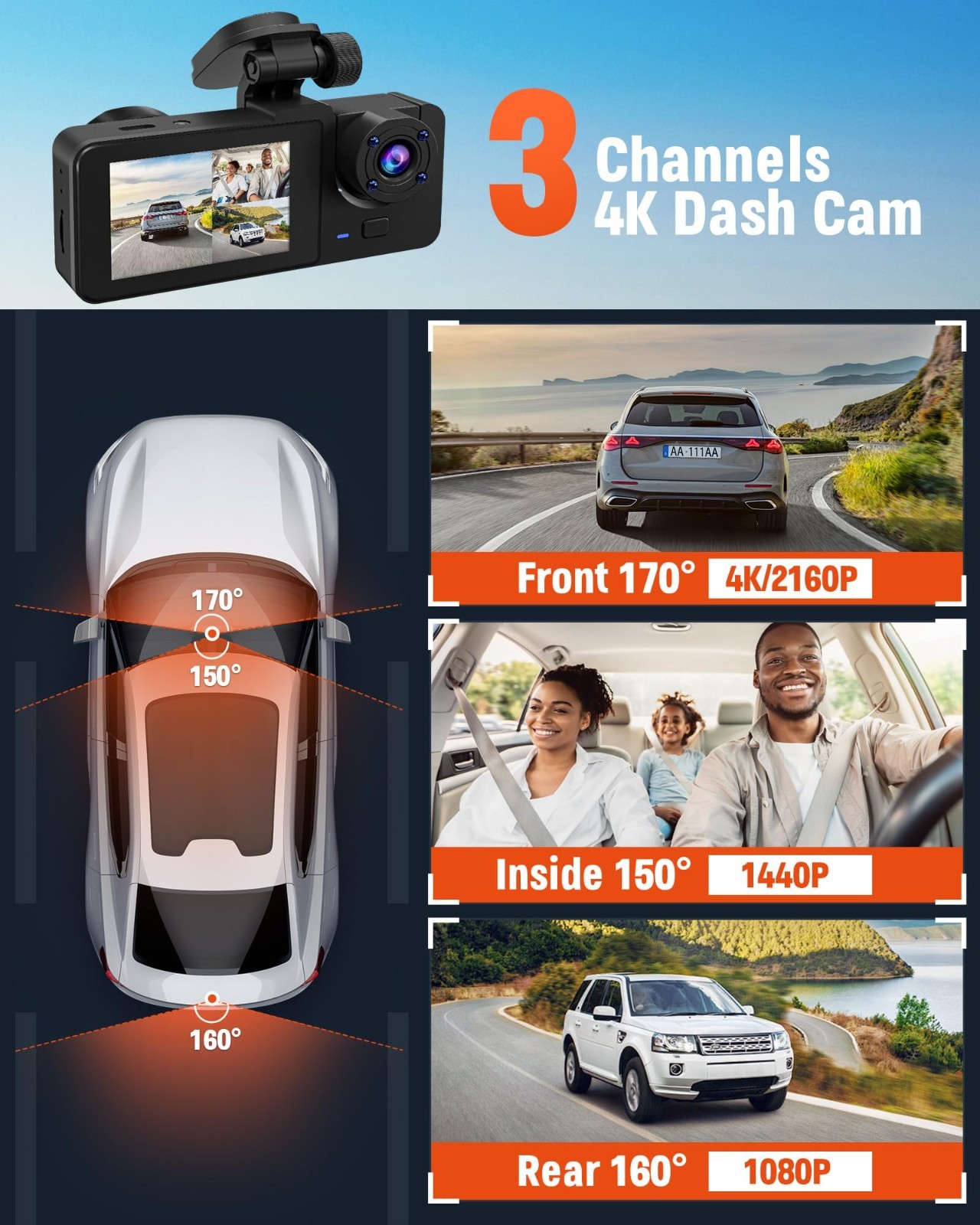3-Channel Dash Cam 4K+1080P HD Front Rear Inside, 32GB SD Card, Night Vision, G-