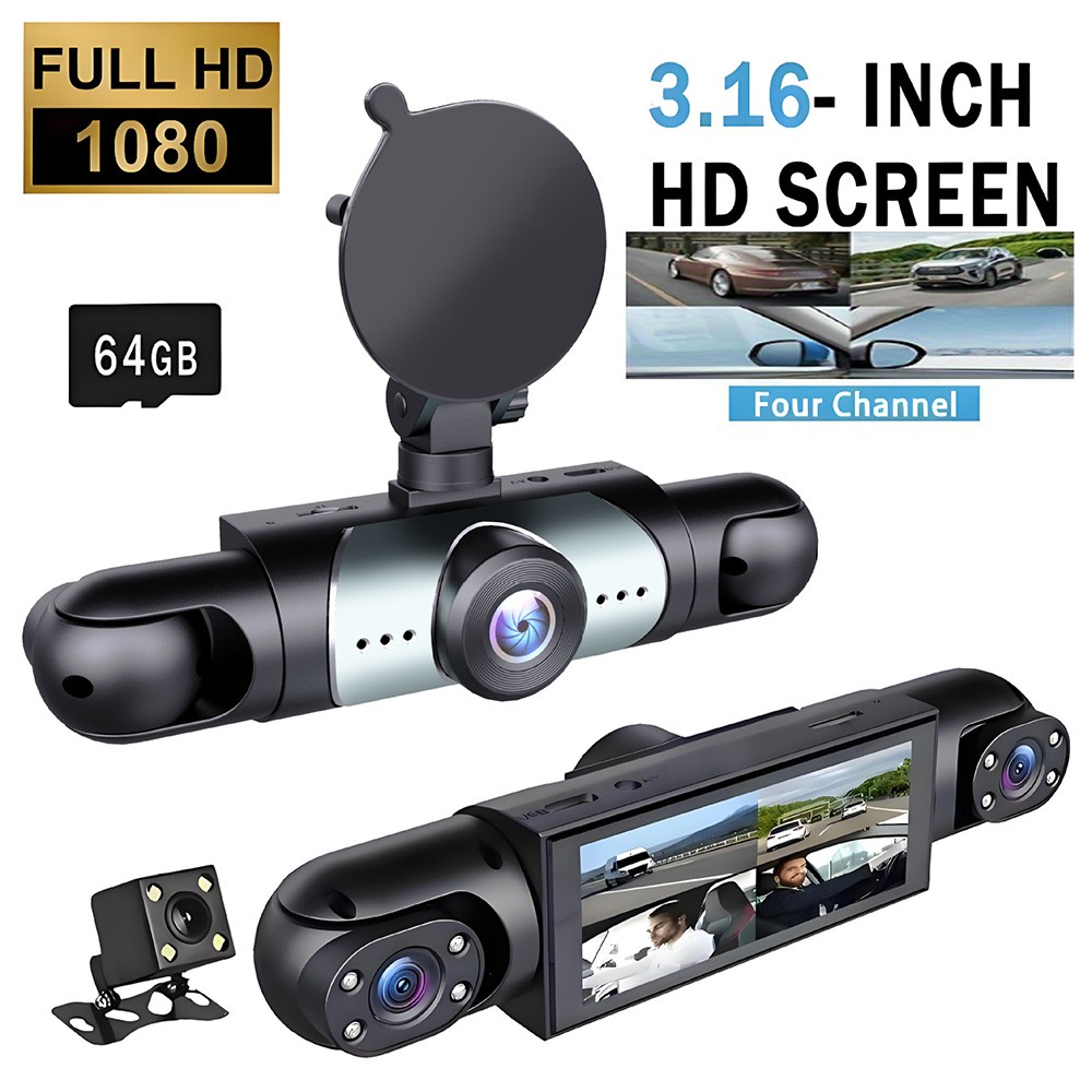 360° 4 Channel 1080P HD Car Dash Cam Front and Rear Inside Left Right +64GB CARD