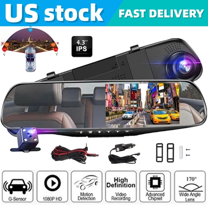 1080P HD Rearview Mirror Car DVR Dual Dash Cam Camera Front Rear Video Recorder