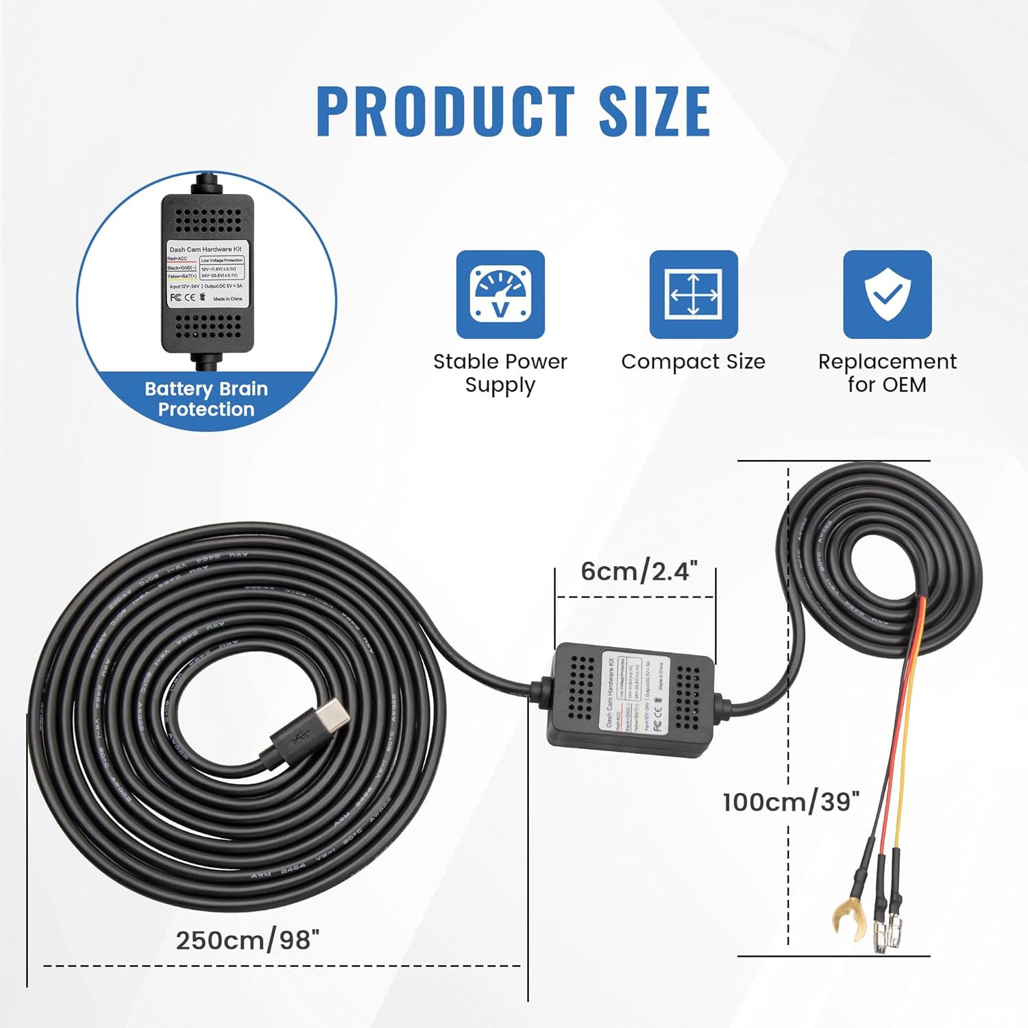 Type-C USB C Port Dash Cam Hardwire Kit, 3-Lead Acc Hard Wire Kit for Dash Camer