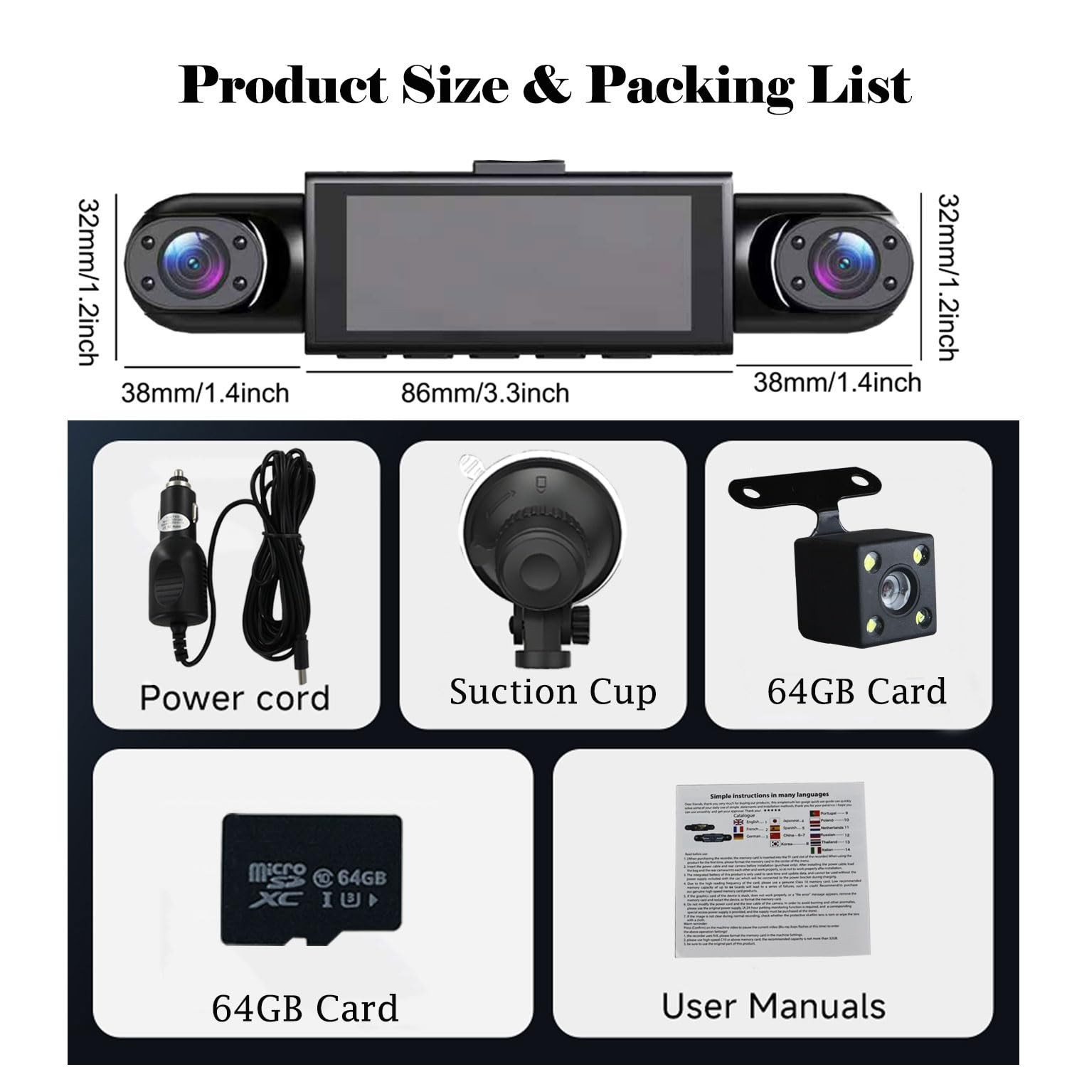 360° Full View Dash Cam Front and Rear Inside, 4 Channel Dashcam 1080P Full H…