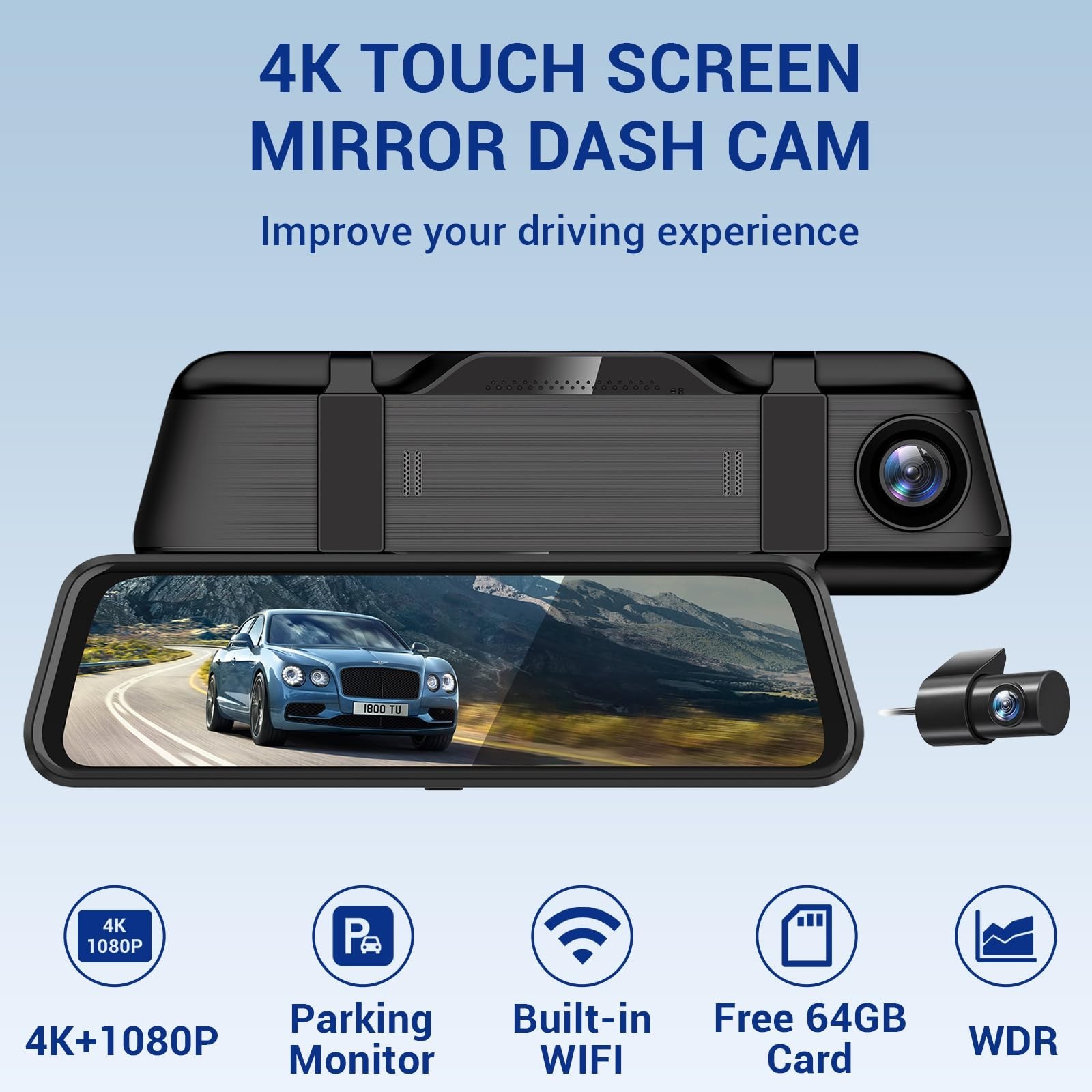 10″ 4K Rear View Mirror Dash Cam, 1080P Backup Camera, WiFi, Night Vision, 64GB