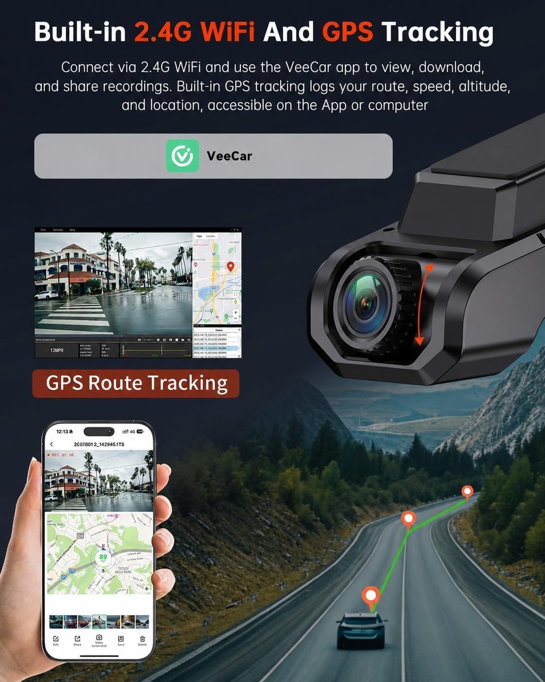 GT801 4K UHD Dash Cam with 1080P Rear Camera, WiFi & GPS – Includes 32GB SD Card