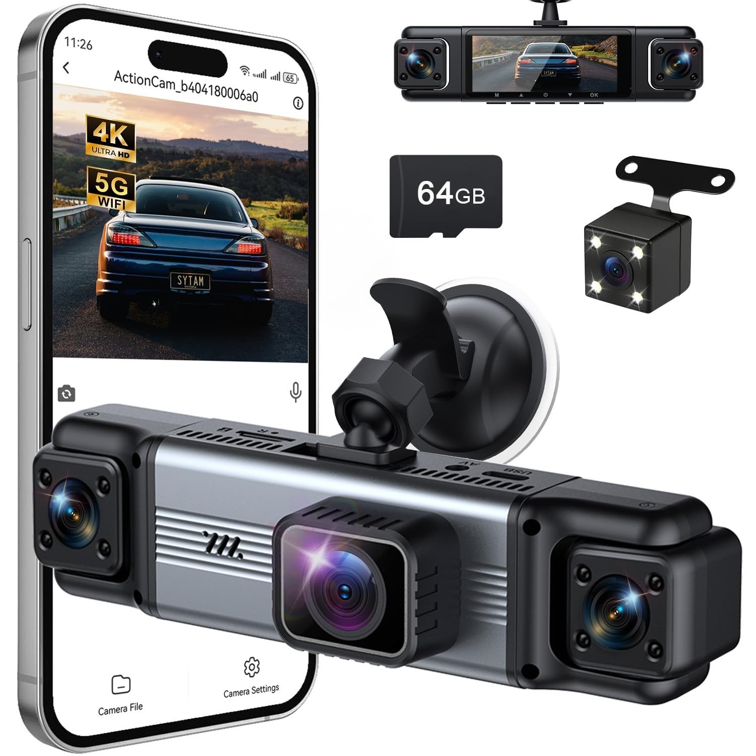 4 Channel 360° Dash Cam Front Rear Inside 4K+1080P, WiFi, Night Vision, 64GB SD