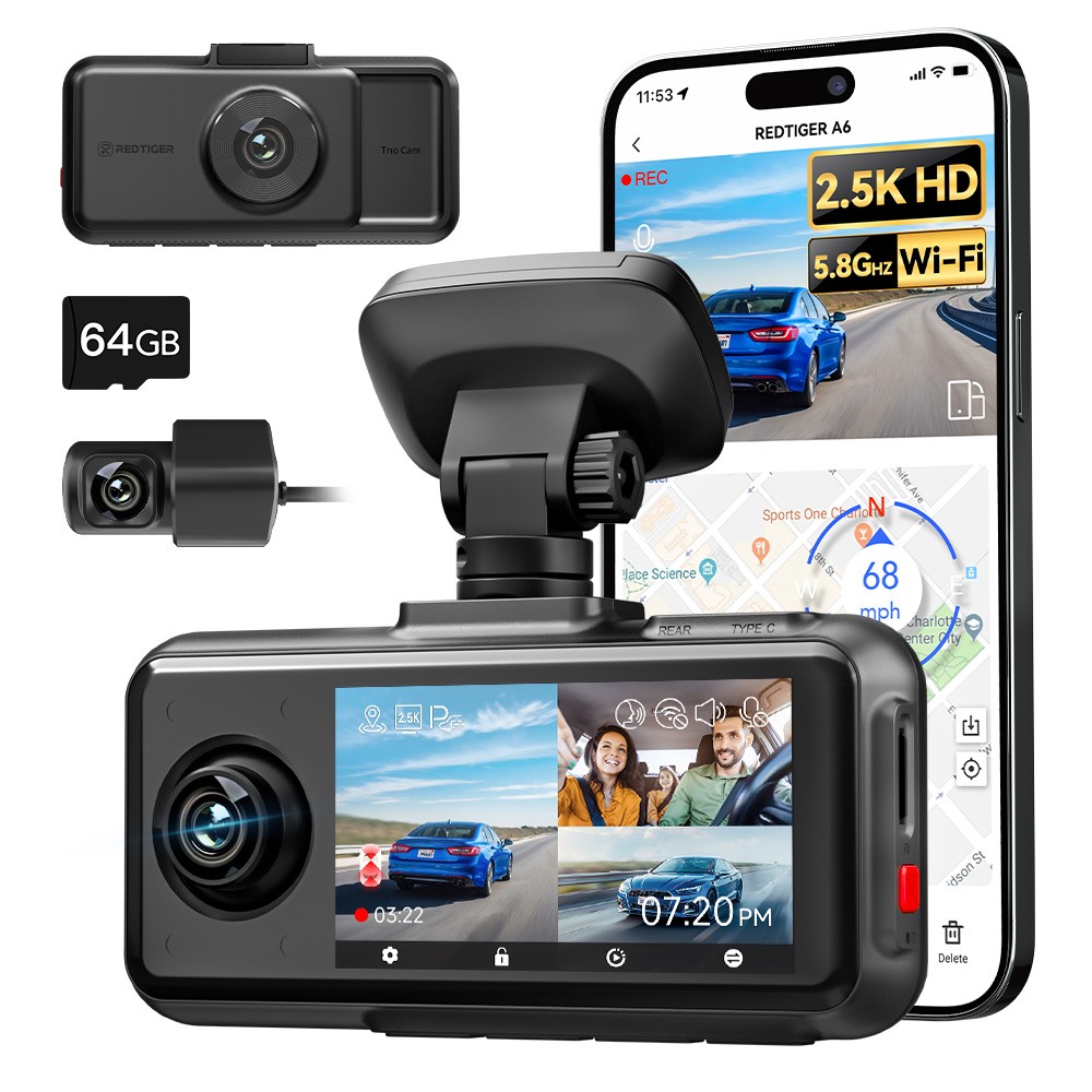 REDTIGER Dash Cam A6 3 Channel Front Inside Rear 4K/2.5K+1080P+1080P