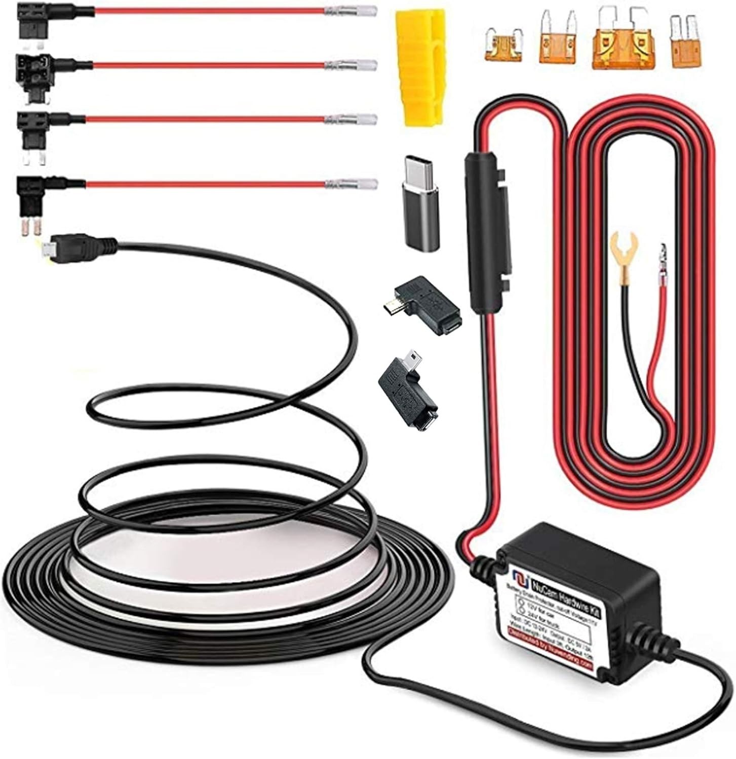 15ft Dash Cam Hardwire Kit with 11.9V Cut-Off & 4 Fuse Types for All Vehicles