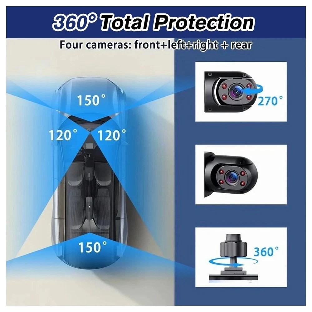 4 Channel 360° Front Rear Inside Car Dash Cam HD1080P Infrared Night Vision 32GB