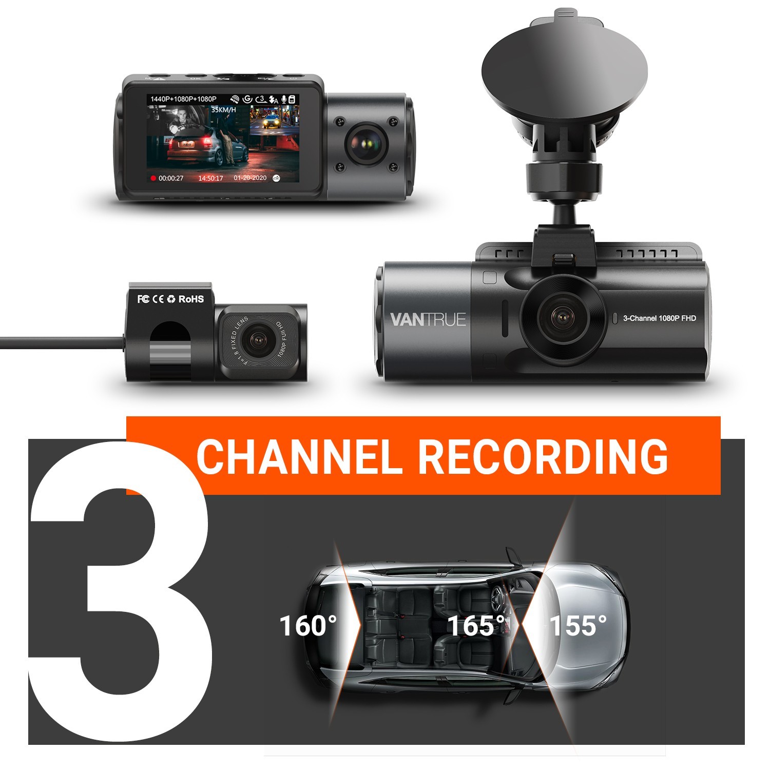 VANTRUE N4 4K 3 Channel Dash Cam Front Inside Rear Car Dash Camera Night Vision