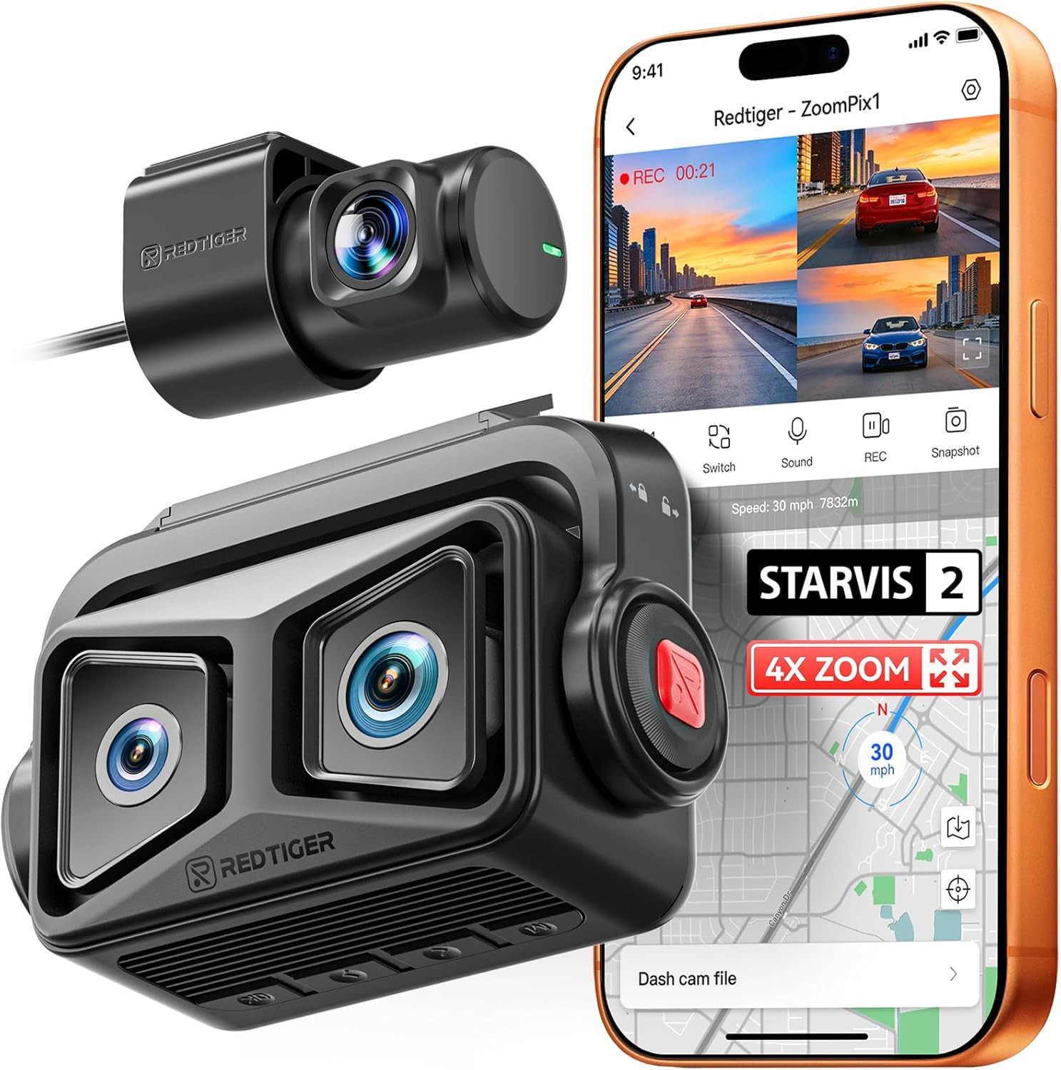 ZP1 Dash Cam Front and Rear, Telephoto+Wide Front Lenses for 100Ft Plate Recogni